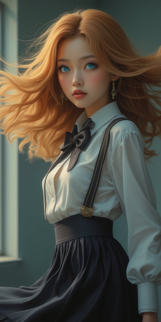 (Masterpiece, Top Quality, Best Quality, Official Art, Beauty and Aesthetics: 1.2), HDR, High Contrast, Wide Angle Lens (Majestic: 1.5), Surreal, Highly Detailed, UHD: 1.3, RAW Photos,, Japanese, Korean Female Supermodel idol, beautiful like the facial features of a beautiful European woman, smart and beautiful big blue eyes with long thick eyelashes, beautiful and silky very curly golden long wavy hair, body proportions: head to body ratio 1:9 1girl, grin, head Wearing a bow tie, fair skin, school uniform, pleated skirt, she smiles happily and makes some dancing moves. South Korea, OPP ART. Light and shadow.

