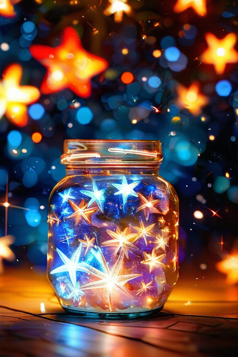 Simple background with a small glass jar. Filled with many three-dimensional stars, the stars are made of crystal material, LED and fluorescent lights are completely combined into iridescence, the fused glowing stars, extreme details, sharp focus on the texture of the crystal and the shape of the stars, detailmaximizer, reality, light Painting, the pinnacle of work.