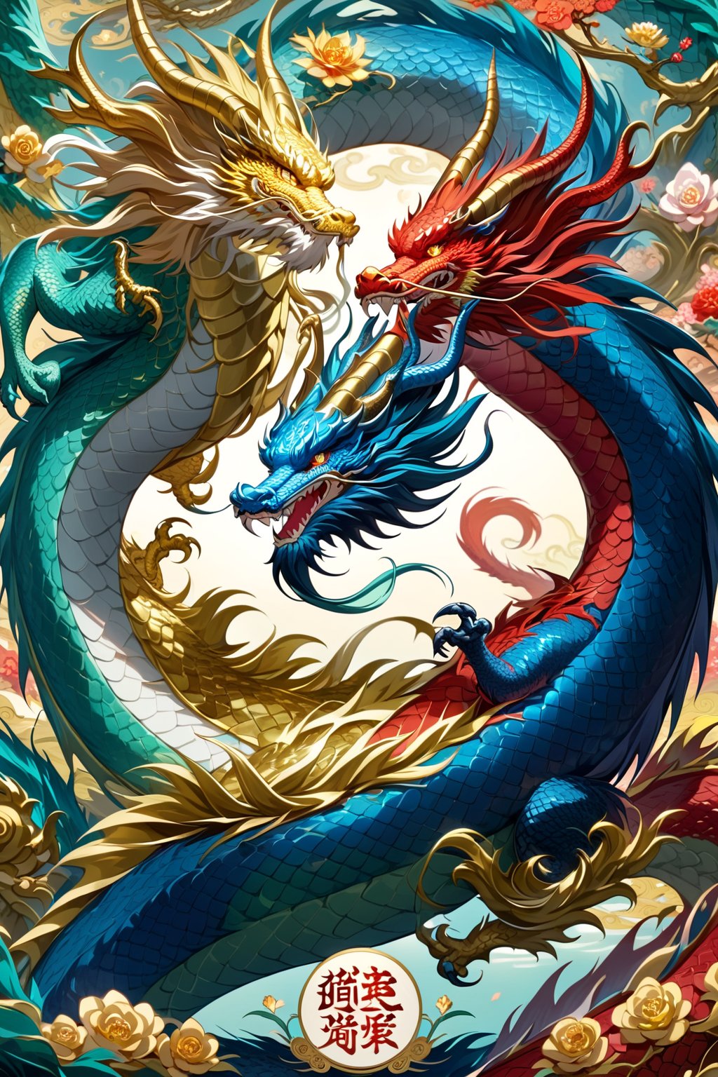 There are 5 Chinese dragons surrounded by flowers. Among these 5 dragons, one is a golden dragon, one is a bank dragon, one is a black dragon, one is a cyan dragon, and one is a red dragon. The body of the dragon is like a snake, with a long body. The body is curly, the image is beautiful, the dragon skin has scales, the dragon color is beautiful, the dragon has horns, (elegant), traditional Chinese image aesthetics, mythical creatures,Chinese Dragon