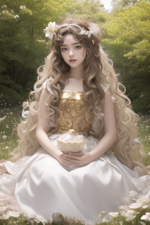 (Alice in Wonderland fantasy), Baroque, cute, colorful fantasy, outdoor (beautiful forest), (depth of field: 1.4), (alone), (1 girl), ((long wavy hair as golden as silk)), The facial features are in perfect proportion, ([messy] long hair), (bow headband), green eyes, bow, maid outfit (purple + white), white pantyhose, (drama angle: 1.2), looking at the audience, books, clock, Teapot, [plate], coffee cup, float, white rose (flower), (dessert: 1.4), flower meadow, (super detailed: 1.6), (insert: 1.3), AndreRin00, realistic and illustration art.