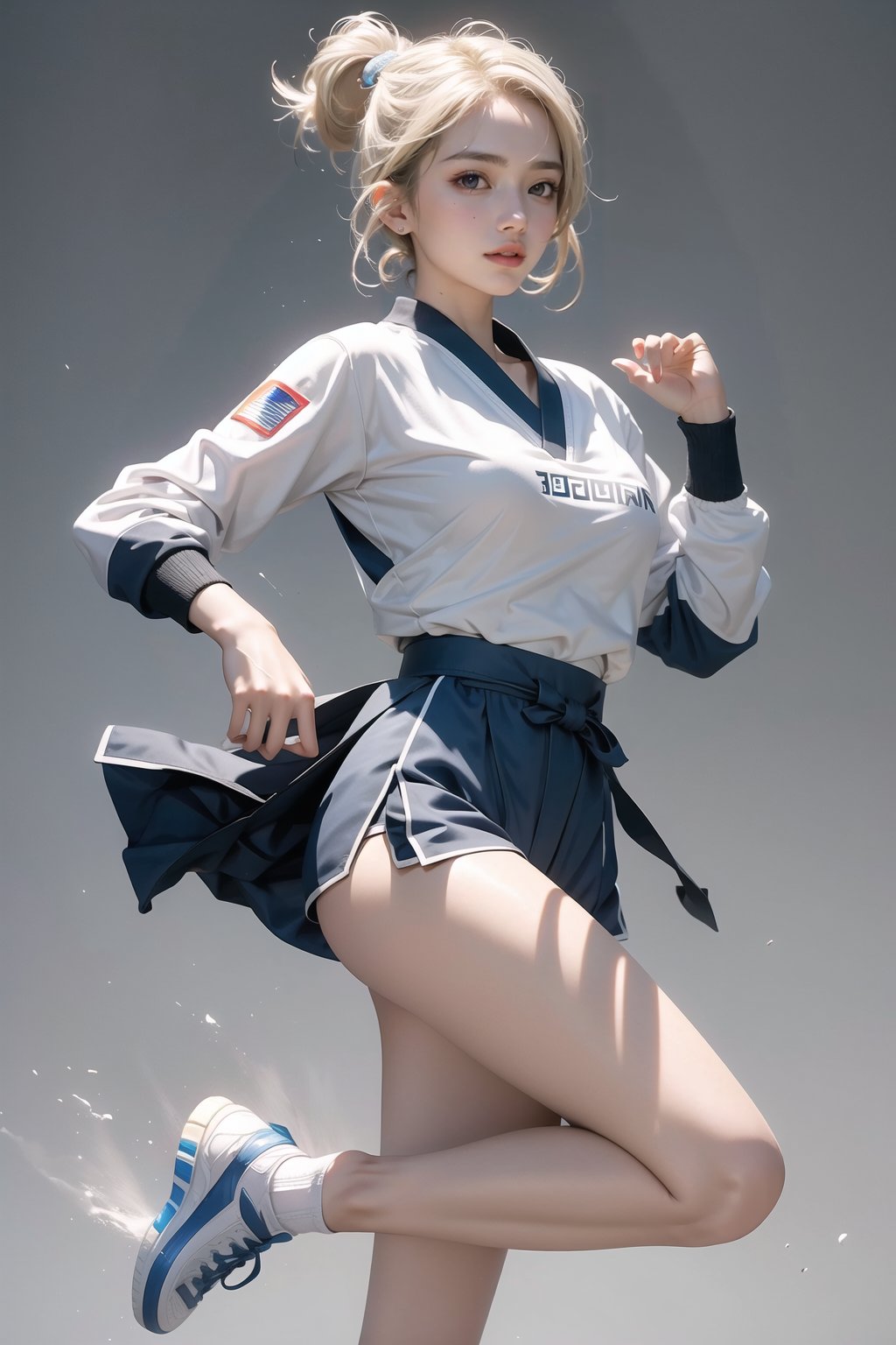 Best quality, masterpiece, super high resolution, (photorealism: 1.4), original photo, Korean girl 18 years old, blonde fashionable pixie shorts hairstyle, wearing, plain gray background, technical clothing, art style. The action is a 180-degree spin kick of Taekwondo. The two eyes are blue with light spots. Wear official competition Taekwondo uniforms, full body displayNo shoes.

