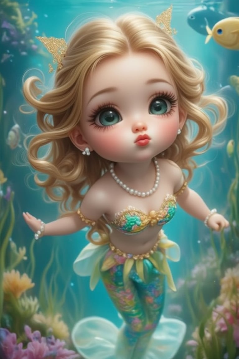 In a large seawater aquarium museum, an aquarium showcases a cute Q-version girl as a real golden mermaid, using shells to cover key parts of her chest. Her beautiful golden wavy silky long hair spreads out in the water, and she slightly purses her lips, looking directly at the audience. She wears hairpins, a rainbow pearl necklace, pearl earrings, and pearl bracelets. With big smart green eyes and long eyelashes, she is very beautiful and cute. The aquarium also features other fish species and aquatic plants. The focus of the scene is her playful expression and bright colors. This stunningly beautiful artwork captures the essence of a joyful moment.