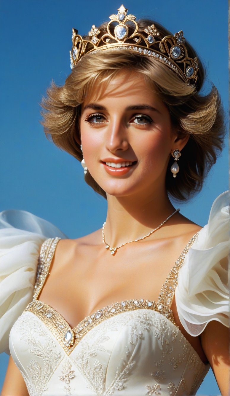 Close-up, the young girl has very beautiful big eyes and long thick eyelashes, she is the 20-year-old British Princess Diana, wearing a crown, full body shot, wearing a gorgeous princess dress, standing, she dances elegantly, She danced to the music, immersed in the charming music, and she smiled happily. There are also perfume lilies all over the sky, which is extremely beautiful. High quality. Modifiers: Alphonse Mucha, boris valejo dedecent illustration, Anne Boonchuy, art_booster, BlackworkStyleManityro, WOWAI, Expressiveh, Apoloniasxmasbox