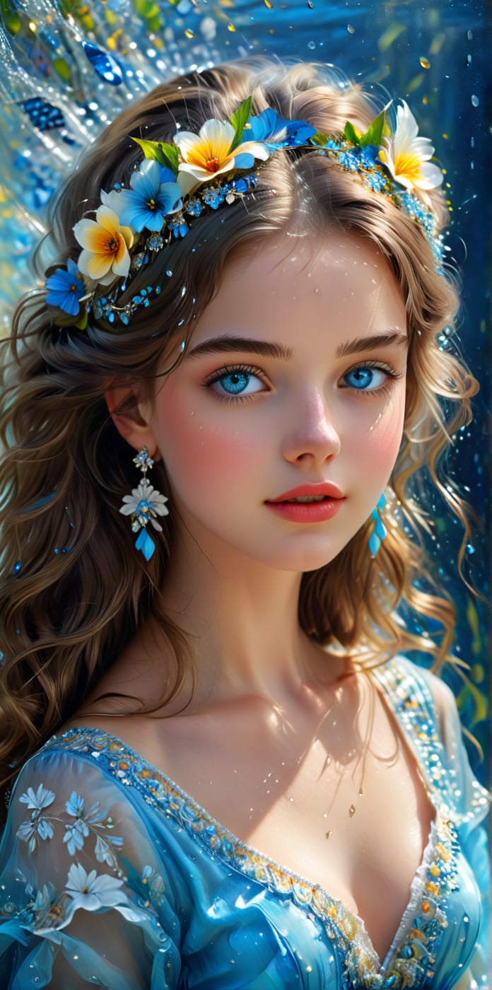 Masterpiece, HD, 8K, charming minimalist illustration of an 18-year-old girl. ((drawn from head to thigh)), low angle, delicate brushstrokes, long curly hair, high bangs, floral hair accessories, big and bright blue eyes, thin eyebrows, plump cheeks and lips, fair complexion, silk elegant. With a slender body, the painting emphasizes delicate colors. The girl shows off various poses of a professional model. The clothes she wears are beautiful and unique national costumes from various countries.
The background is water drops. The energetic, lively expression embodies the girl's magical presence. Feel. fractal art, glitter,BugCraft