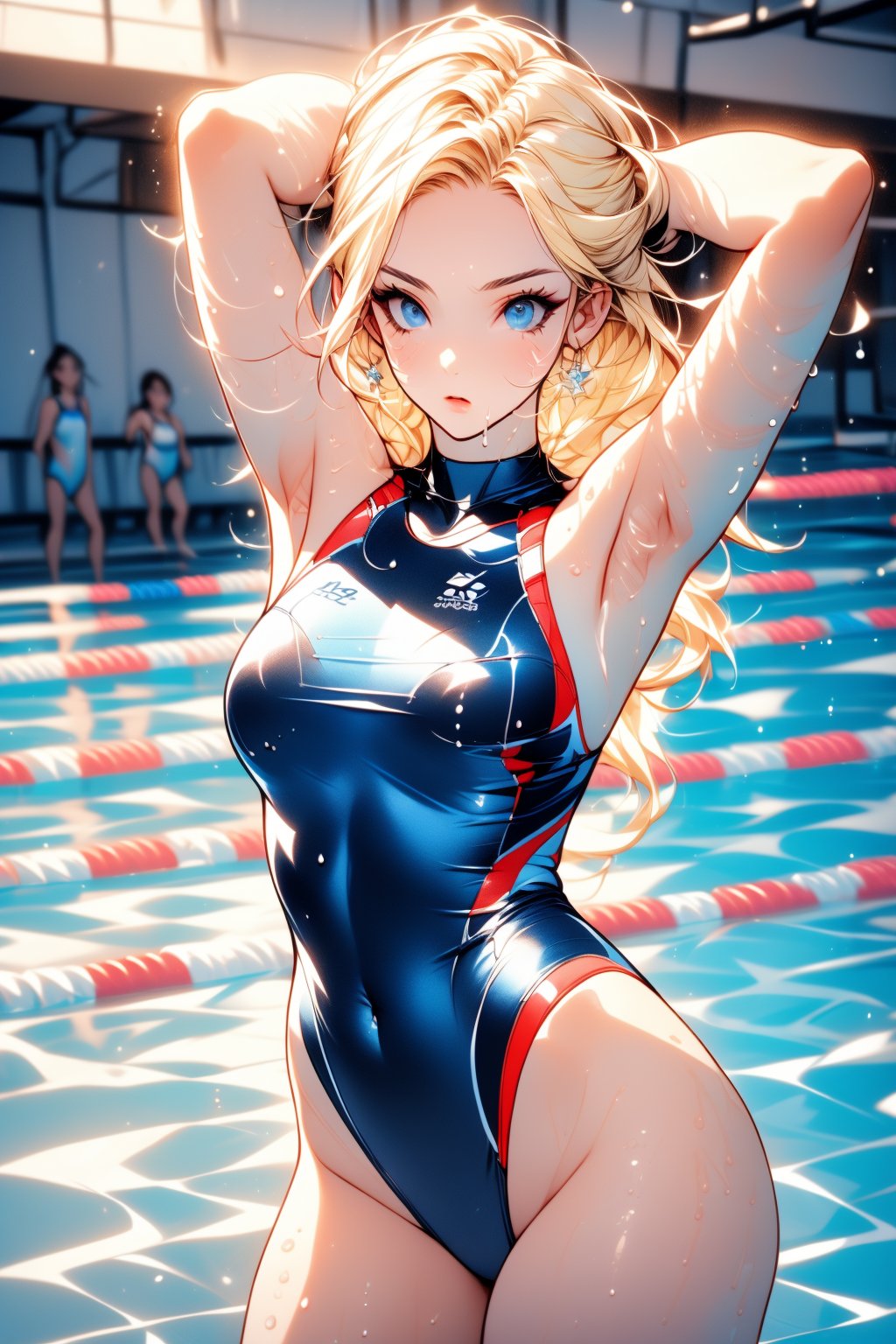 Masterpiece, dynamic swimming poses, best quality, super detailed, perfect anatomy, high detail, detailed background, beautiful face (big bright blue eyes with long eyelashes), girl, athletic body proportions 1:8, Very pretty face, super detailed face, oval face, determined expression, short low layered blonde silky hair with shiny, wet hair slicked back, blonde hair, super detailed eyes, tarem, blue eyes , simple eyelids, beautiful eyebrows, (eyelashes: 0.4), parted lips, focused gaze, (((Olympic swimming pool))), lane lines visible, starting line background, intense action shot, mid-swim pose, arms forward Stretch, competitive swimsuit, fashionable one-piece swimsuit, face goggles, bright indoor lighting, water droplets on skin, dynamic angle, three-quarter view, perfect anatomy, 5 fingers, beautiful_female_fingers, streamlined hand position, sports Blur, motion lines, splash, tanned skin, muscular shoulders and arms, score_9, score_8_up, score_7_up,