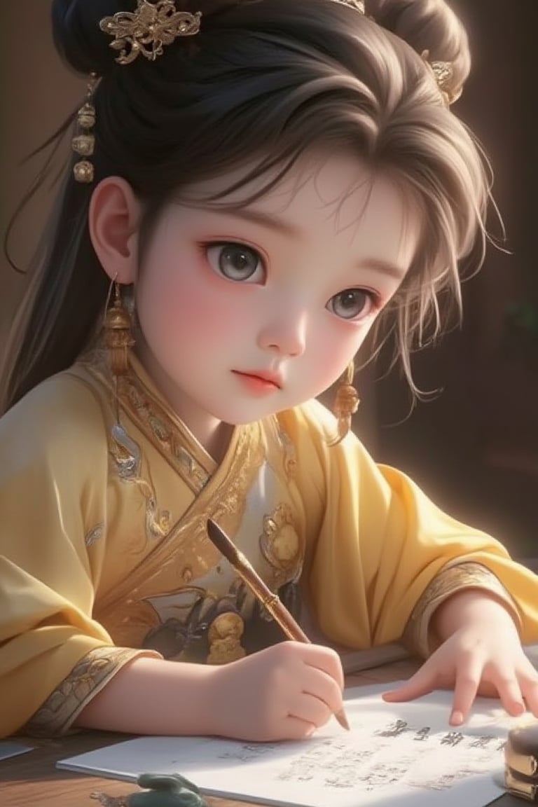 In the ancient Han Dynasty, a beautiful little girl's boudoir was filled with gorgeous furniture. In ancient times, there was a pen and inkstone on the ancient desk. Her father was the prime minister, so she was proficient in piano, chess, calligraphy, and painting. The most special thing is that she has big blue eyes, because her mother is a foreign princess.
The ancient bun, hairpin, beads, earrings, gold bracelets, and the exquisite gold embroidery on the Hanfu made her look noble and elegant. She was writing ancient cursive script with a brush, and the fonts were generous and strong. powerful. Look directly at the audience. The whole picture is full of ancient scholarly atmosphere and the beauty and talent of women. Official art. masterpiece. The light and shadow are soft and beautiful.