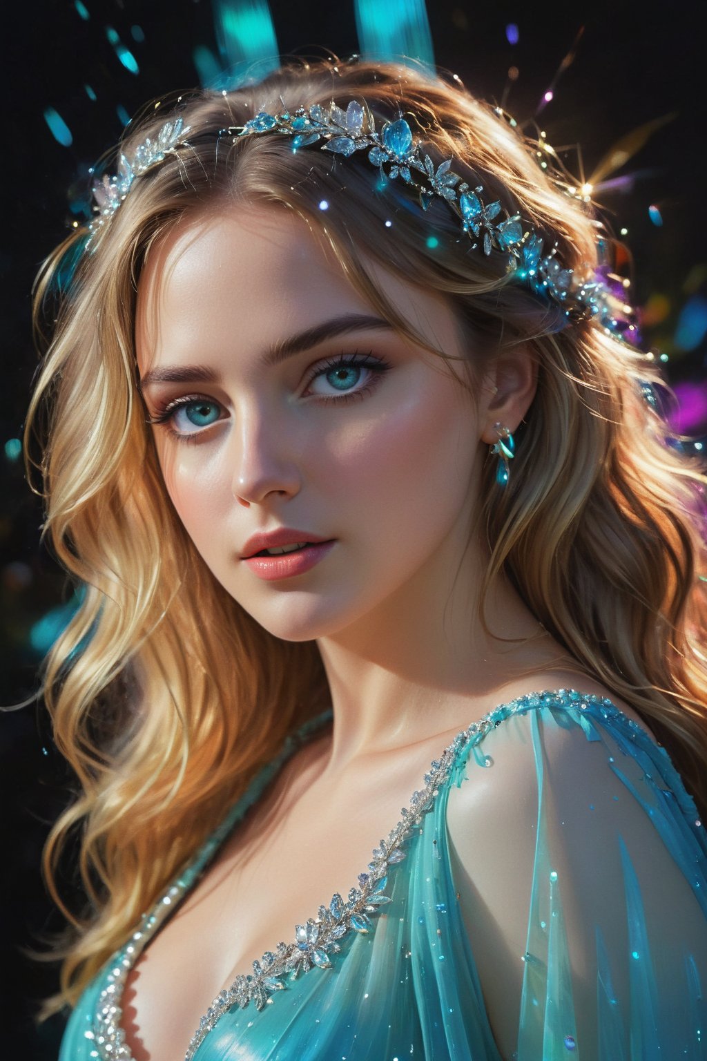 mj, RTX, 8k, HDR, best quality, cinematic story, (masterpiece), Andrey Atroshenko, Tanya Shatseva, Ross Tran, Anna Razumovskaya, art, realistic art, digital illustration, portrait, bright saturated colors, girl's turquoise eyes Big and lively, with long and dense eyelashes, the eyes seem to be able to speak and be lively, attracting the eyes of all viewers. And the beautiful long wavy hair, as golden as silk, flutters in the wind, showing extremely flamboyant beauty. Inappropriate. Stunning beauty. But the eyes of such a beauty kept weeping, and the tears fell all over the floor like crystal, beautiful and shiny pearls of a rainbow. The background is: beautiful midnight, the starry sky and the light of pearls reflect each other. Creates a beautiful colorful halo.
Digital art, light and shadow art are also integrated into all of them. Vivid narrative realism, art by Carne Griffiths and Wadim Kashin,full body.