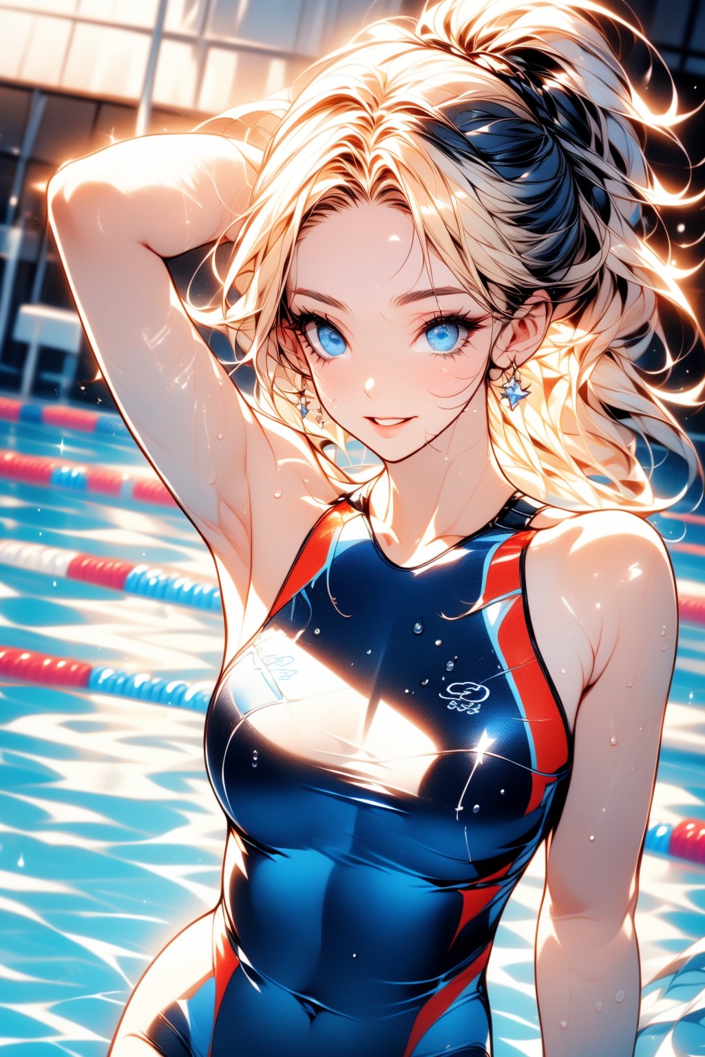 Masterpiece, dynamic swimming poses, best quality, super detailed, perfect anatomy, high detail, detailed background, beautiful face (big bright blue eyes with long eyelashes), girl, athletic body proportions 1:8, A beautiful face with perfectly proportioned facial features, a super detailed face, an oval face, and sexy lips with a slightly open mouth. Smiling, focused expression gazing at the viewer, long silky blond wavy hair tied back and shiny, wet hair combed back, blond hair tied into a ponytail, super detailed eyes, tarem, blue eyes, simple eyelids, Beautiful eyebrows, (eyelashes: 0.4), parted lips, focused gaze, (((Olympic swimming pool))), lane lines visible, {{{{start line background, intense action shot, mid-swim pose, arms stretched forward , competitive swimsuit, fashionable one-piece swimsuit, face goggles, }}} bright indoor lighting, water droplets on skin, dynamic angle, three-quarter view, perfect anatomy, 5 fingers, Please put the prompt words above Show it with game images. Super masterpiece. beautiful_female_fingers, streamlined hand position, motion blur, action lines, water splash, tanned skin, muscular shoulders and arms, score_9, score_8_up, score_7_up,