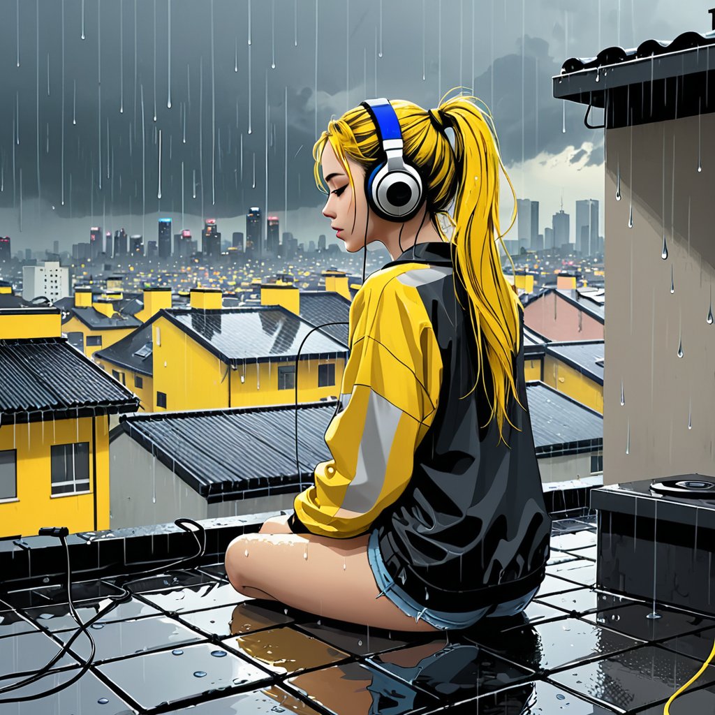 A melancholy young woman with a long ponytail sits alone on a roof soaked by heavy rain, immersed in the soothing melody coming from her headphones. Yellow and black tones dominate the scene, evoking a Lofi atmosphere. In the distance, the cityscape is filled with urban life, which contrasts sharply with her peaceful reverie. The sound of raindrops hitting the pavement creates a peaceful accompaniment as she gently sways to the beat.