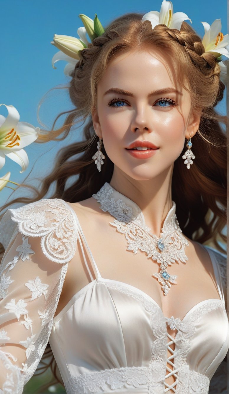 Close-up, young girl with light blue eyes, long thick eyelashes, she looks like 18-year-old Nicole Kidman, with messy hair, full body shot, wearing satin pants, standing, wearing beautiful white Dressed in mesh and lace, she danced to the music and looked very happy. There are also braids of lilies all over the sky, which are extremely beautiful. High quality. Modifiers: Alphonse Mucha, boris valejo dedecent illustration, Anne Boonchuy, art_booster, BlackworkStyleManityro, WOWAI, Expressiveh, Apoloniasxmasbox