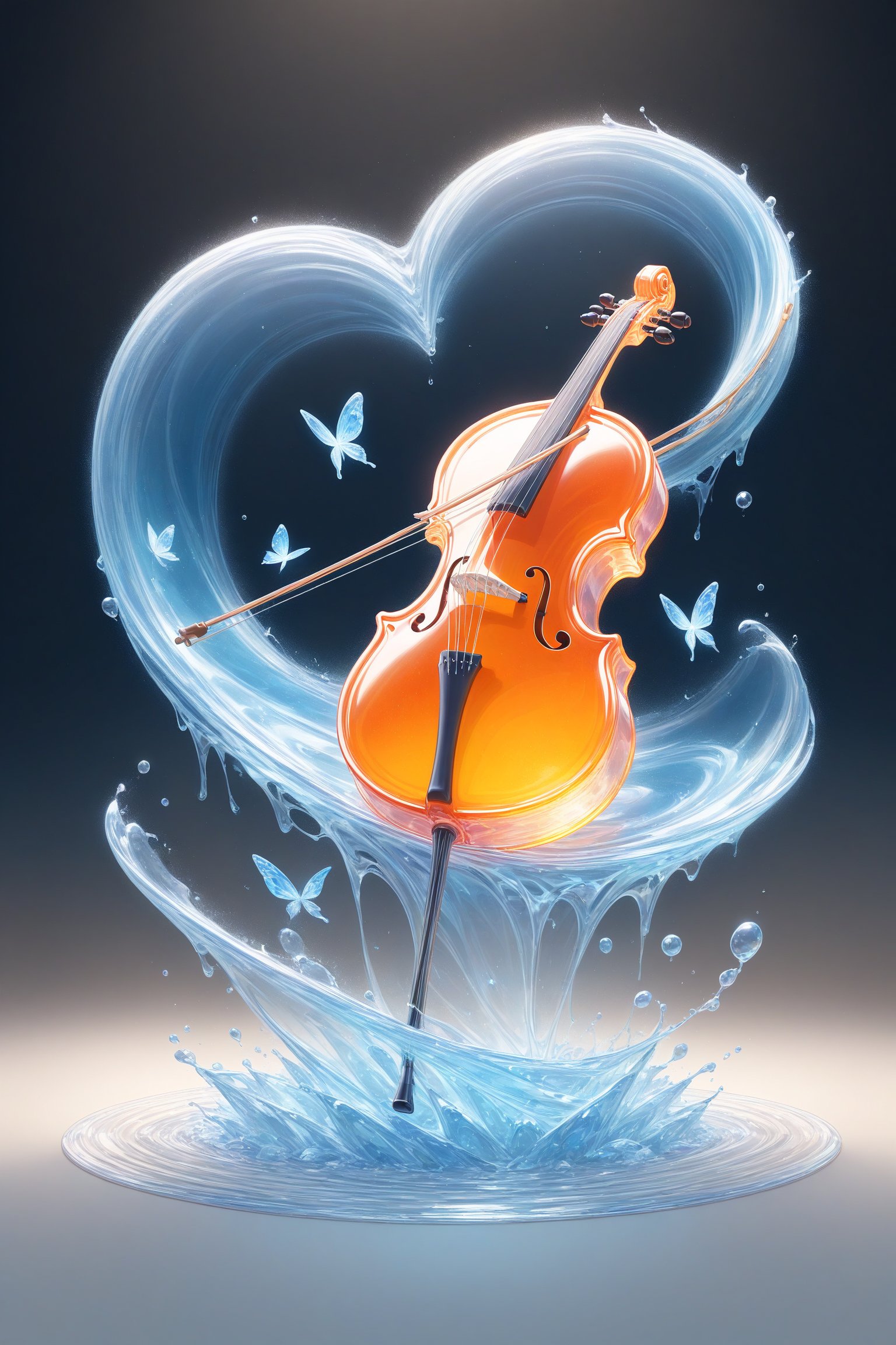 {Elegant crystal clear crystal glass cello with beautiful curves, filled with marbled light orange and white and blue liquid (transparent), forming the shape of a butterfly. Fox and texture. Smooth object contours and undulating dynamic movement. Pastel petals float around the vase. }