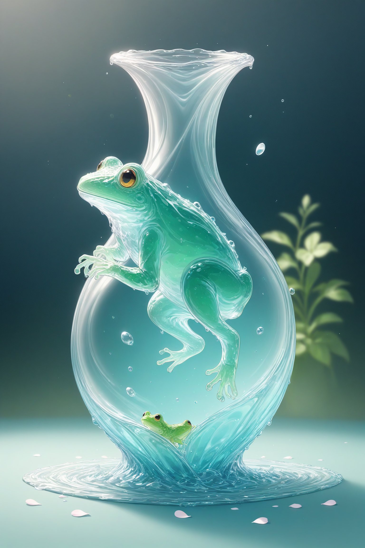 {Elegant crystal clear crystal glass frog with graceful curves, filled with marbled light green and white liquid (clear), forming a Cinderella shape. Frog and texture. Smooth object contours and undulating dynamic motion. Pastel petals float around the vase. }