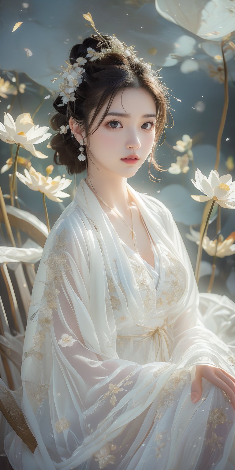 Masterpiece, best quality, 1girl, (colorful), (fine beautiful eyes and detailed face), white lace dress, purple eyes, long and thick eyelashes, bright eyes, looking at the audience, braided hairstyle, movie lighting, Half body shot, extremely detailed CG unified 8k wallpaper, white hair, solo, slightly curled lips, smile, intricate skirt, ((flying petals)), (flowery meadow) sky, cloudy sky, building, moonlight , moon, night, (dark theme: 1.3), light, fantasy, jisoo, 1 girl, asian, woman, z1l4, enhanc3d, korean, SSL, European girls, WaveMiu