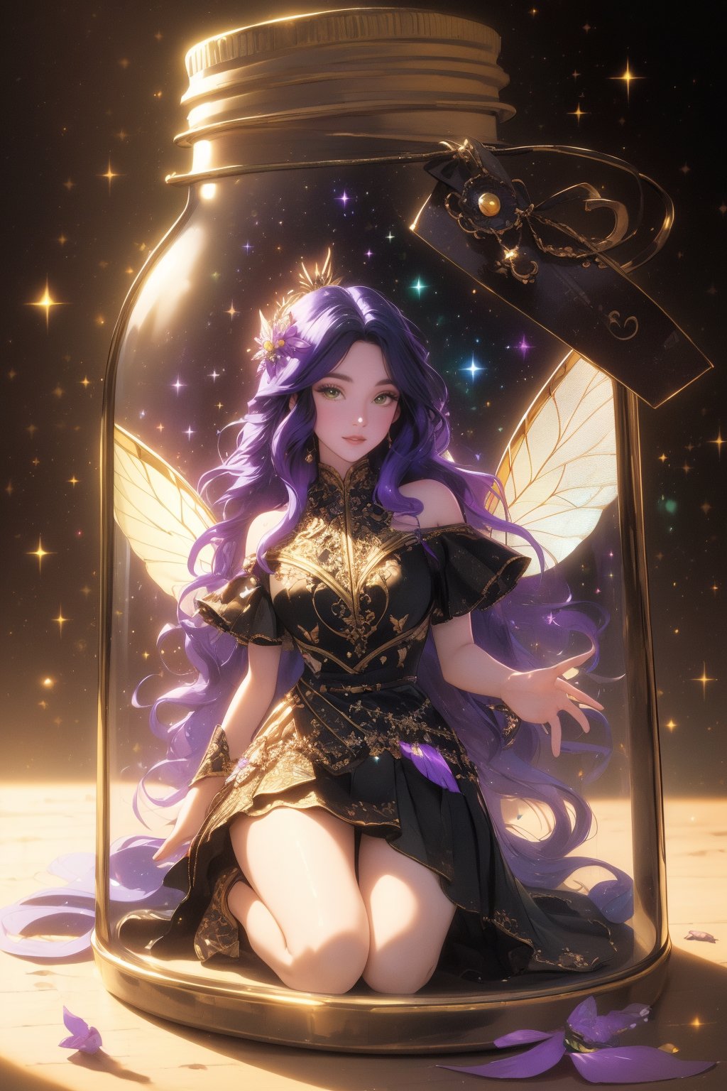 (Masterpiece, best quality, high resolution: 1.6), (Beautiful big green bright eyes, long thick eyelashes, black and purple fusion silky long curly hair, hair between the eyes, 1girl, perfect proportions figure)
Black bottom, whole body, kneeling, white skirt, long skirt, inner bottle, glass, flowers, trapped, jar, fairy, wings, light and shadow, beautiful space visual design. Beautiful rainbow glitter in all the space in the background. Extremely beautiful.