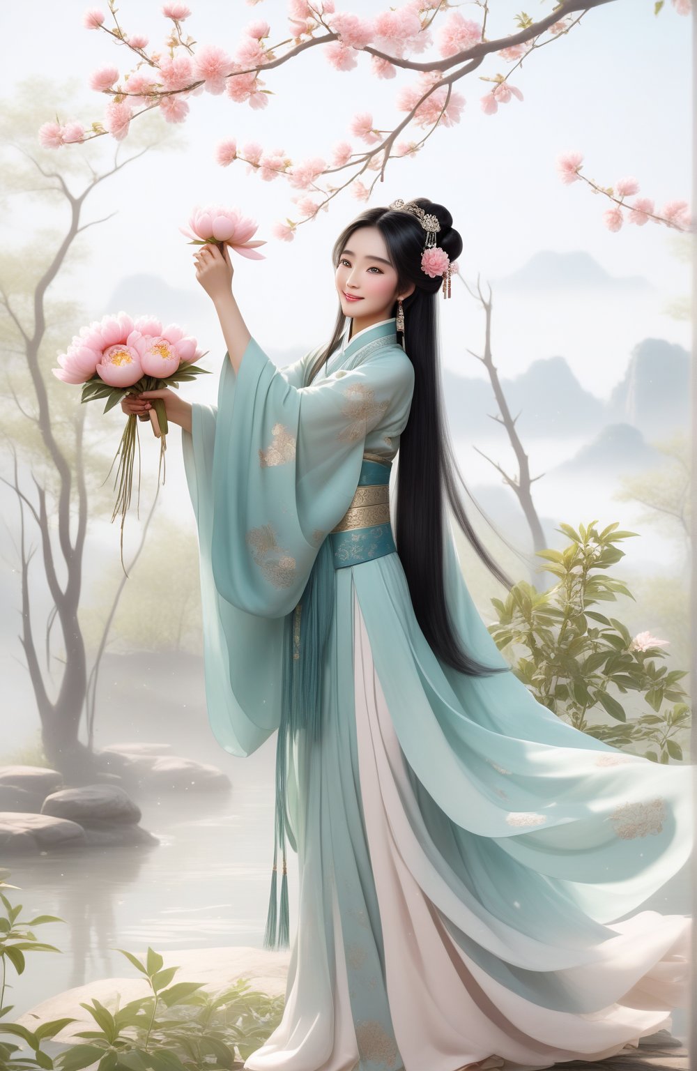 Close-up of a stunningly beautiful girl, Chinese Han Dynasty girl, with big eyes and long eyelashes that make her eyes more lively and beautiful, wearing Han Dynasty clothes and hairstyle, with stunning black hair and long She has thick eyelashes and holds a delicate bouquet of peonies on her fingers. When she looked directly at the audience, she smiled. Her whole body exuded an otherworldly light, and every contour and object on her body seemed to be illuminated by light and sparkle. In the peaceful atmosphere of a summer night, where trees stand tall, rivers flow quietly, and nocturnal creatures serenade them with their gentle chirps and croaks, our protagonist acts like a lovely beacon. In Vadimka's new style, every detail has been carefully crafted to create a realistic style that exudes elegance and wonder. (Masterpiece 1.2, 8K) Depth of field.,source_furry,score_5_up,score_6_up,score_7_up,score_8_up,score_9,han fu