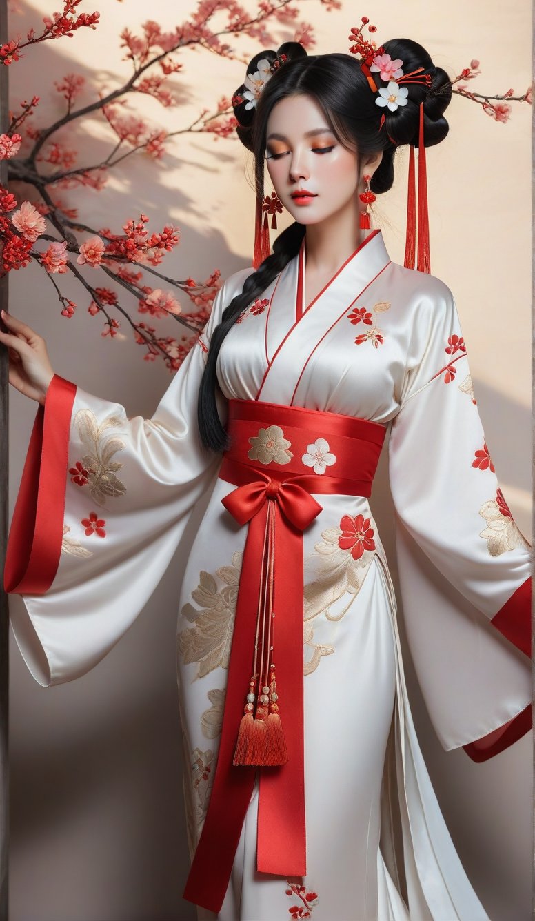 1girl,solo,long hair,black hair,hair accessories,long sleeves,dress,layer coverage,ribbon,jewelry,standing,full body,closed eyes,flower,earrings,wide sleeves,bun,red ribbon,outline,Hanfu, Single hair buns, tassels, Hanfu, high quality. Modifiers: Alphonse Mucha, boris valejo dedecent illustration, Anne Boonchuy, art_booster, BlackworkStyleManityro, Expressiveh, Apoloniasxmasbox