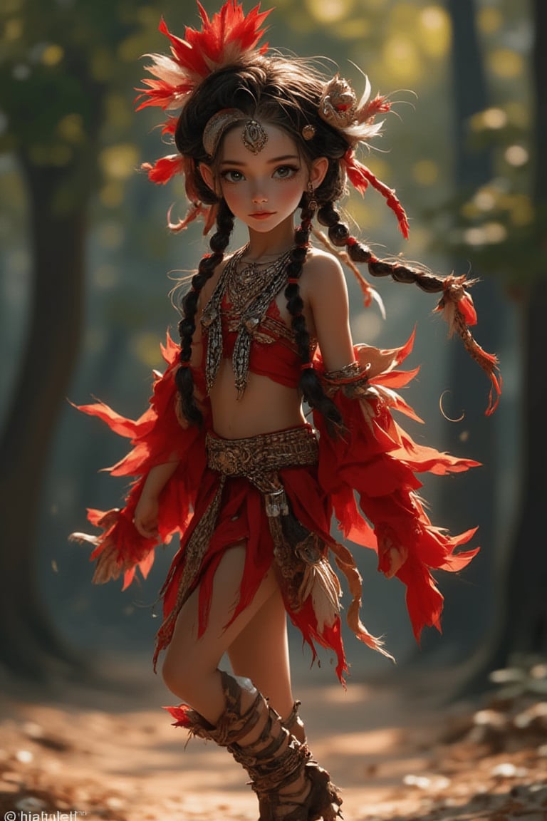 Best Quality, 128K, High Resolution, Masterpiece: 1.2, Ultra Detailed, Real: 1.37, Aboriginal Girl, Red and Black Harness, Extremely White Skin, Long Braids of Feathers, High Heels, Accessories on Arms, Beautiful Detailed Eyes, Beautiful Detailed Lips, National Costume, Traditional Patterns, Graceful Dancing Traditional Dance, Graceful and Charming Gesture, Subtle Smile, Bright Colors, Bokeh Lighting, Portrait.