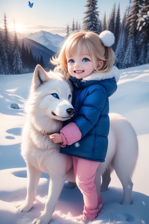 A little girl with blond hair and very fair skin. She is only 4 years old, but she grew up with a snow wolf with white fur and blue eyes. The snow wolf loves the little girl very much. He can put her to sleep and carry her on the grassland. The little girl always smiles happily. The little girl is extremely beautiful, with blue eyes, very lively, and long and thick eyelashes. To make her even more beautiful, she would often roll around on the grass with the snow wolf. The little girl wears all kinds of cute clothes. Outdoors, sunshine, mountains, trees, flowers, birds, butterflies. light and shadow. 