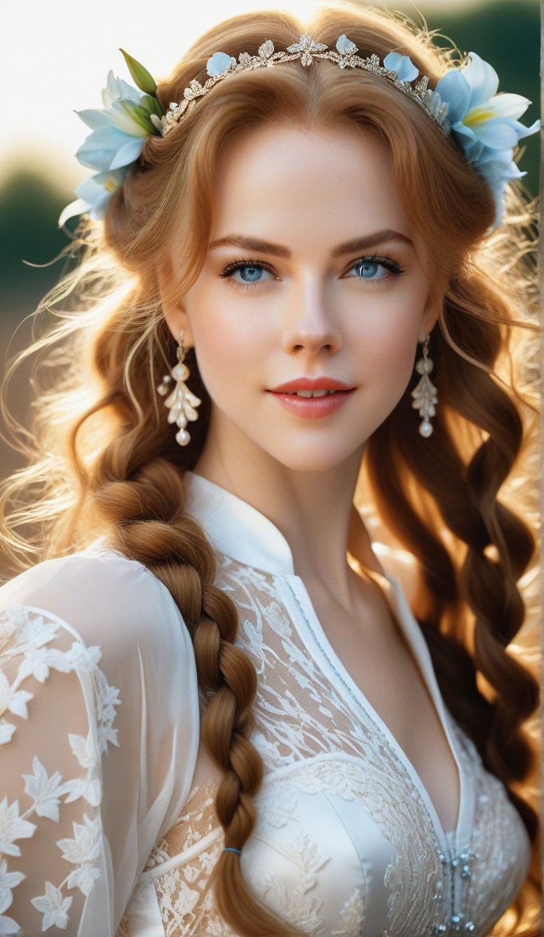 Close-up, young girl with light blue eyes, long thick eyelashes, she looks like 18-year-old Nicole Kidman, with messy hair, full body shot, wearing satin pants, standing, wearing beautiful white Dressed in mesh and lace, she danced to the music and looked very happy. There are also braids of lilies all over the sky, which are extremely beautiful. High quality. Modifiers: Alphonse Mucha, boris valejo dedecent illustration, Anne Boonchuy, art_booster, BlackworkStyleManityro, WOWAI, Expressiveh, Apoloniasxmasbox