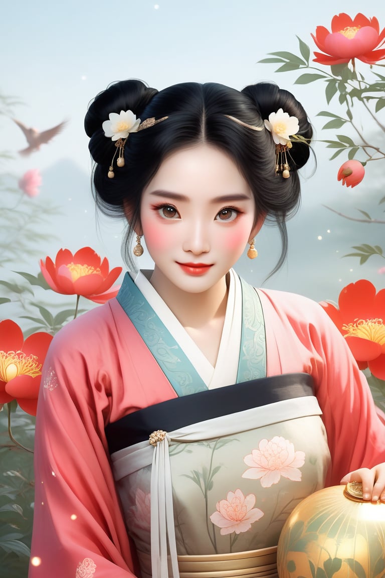 Close-up of a stunningly beautiful girl, Chinese Han Dynasty girl, with big eyes and long eyelashes that make her eyes more lively and beautiful, wearing Han Dynasty clothes and hairstyle, with stunning black hair and long She has thick eyelashes and holds a delicate bouquet of peonies on her fingers. When she looked directly at the audience, she smiled. Her whole body exuded an otherworldly light, and every contour and object on her body seemed to be illuminated by light and sparkle. In the peaceful atmosphere of a summer night, where trees stand tall, rivers flow quietly, and nocturnal creatures serenade them with their gentle chirps and croaks, our protagonist acts like a lovely beacon. In Vadimka's new style, every detail has been carefully crafted to create a realistic style that exudes elegance and wonder. (Masterpiece 1.2, 8K) Depth of field.,source_furry,score_5_up,score_6_up,score_7_up,score_8_up,score_9,han fu