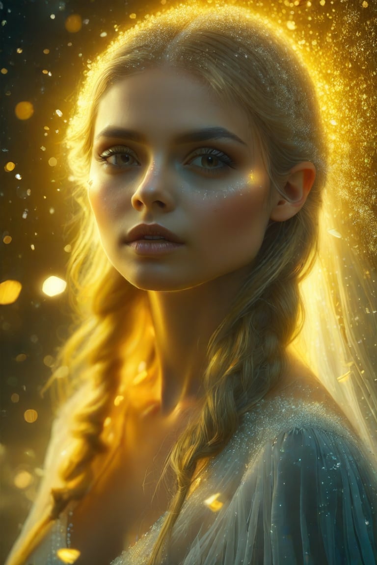 A close-up of a woman's face, mysterious and beautiful as if it had fallen from heaven to earth, illuminated by glowing golden particles of soft, ethereal light. Her white, tender and delicate skin sparkled, embedded with shiny crystal fragments, which reflected the surrounding light and cast a strange sheen. Her face is filled with the mystery of being descended from a different world, as if she is hiding a secret from another world. The camera captures every exquisite detail, transporting the viewer into her otherworldly aura. Super beautiful, full body, the background is the bright golden light of the sky and countless little elves in the sky. (Masterpiece) Light and Shadow.,2bEimi