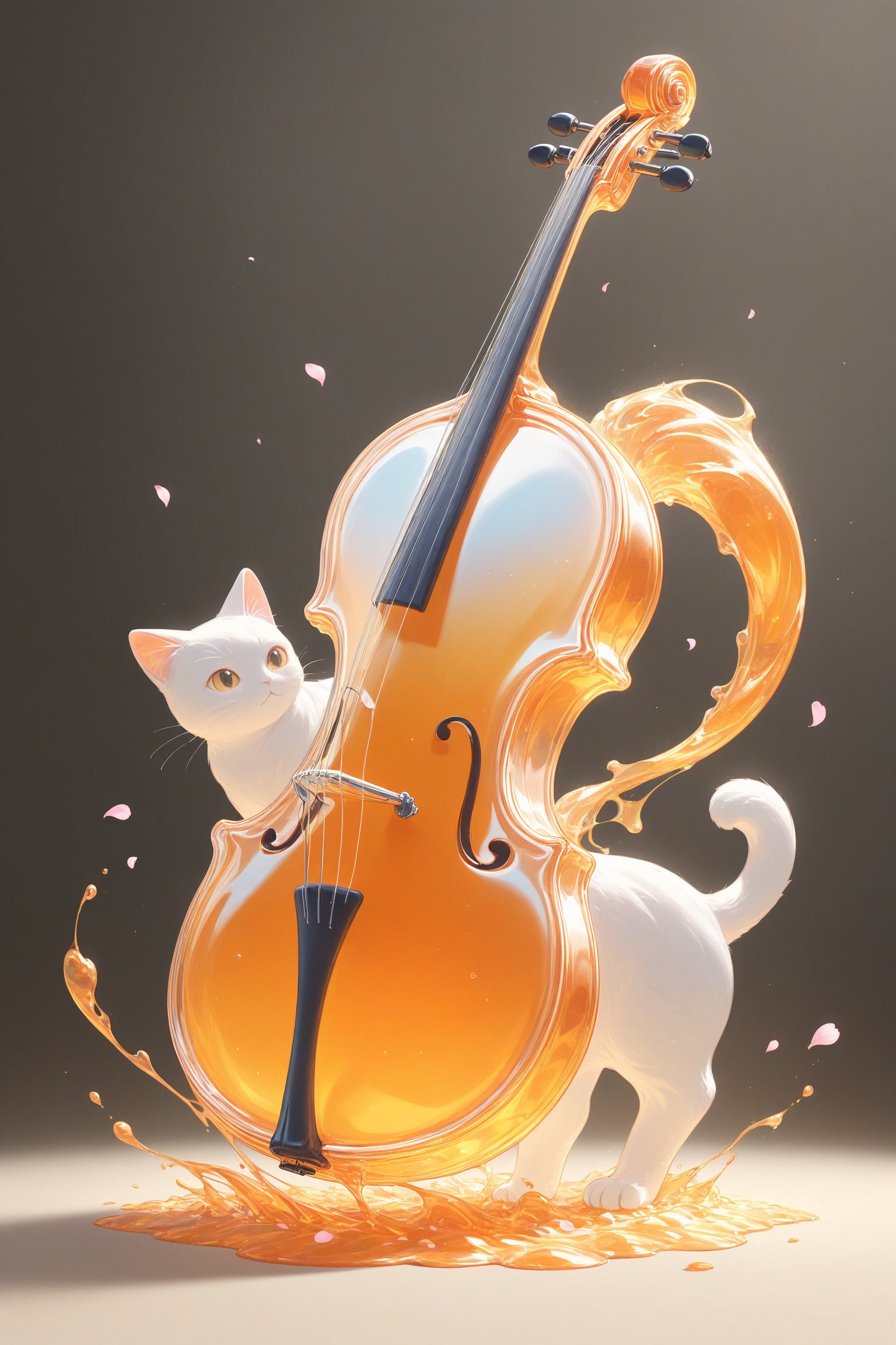 {Elegant crystal glass cello with beautiful curves filled with marbled orange and white liquid forming the shape of a cat. Cats have hair and texture. Smooth animal silhouettes with wavy dynamic movement. Pastel petals float around the vase. }