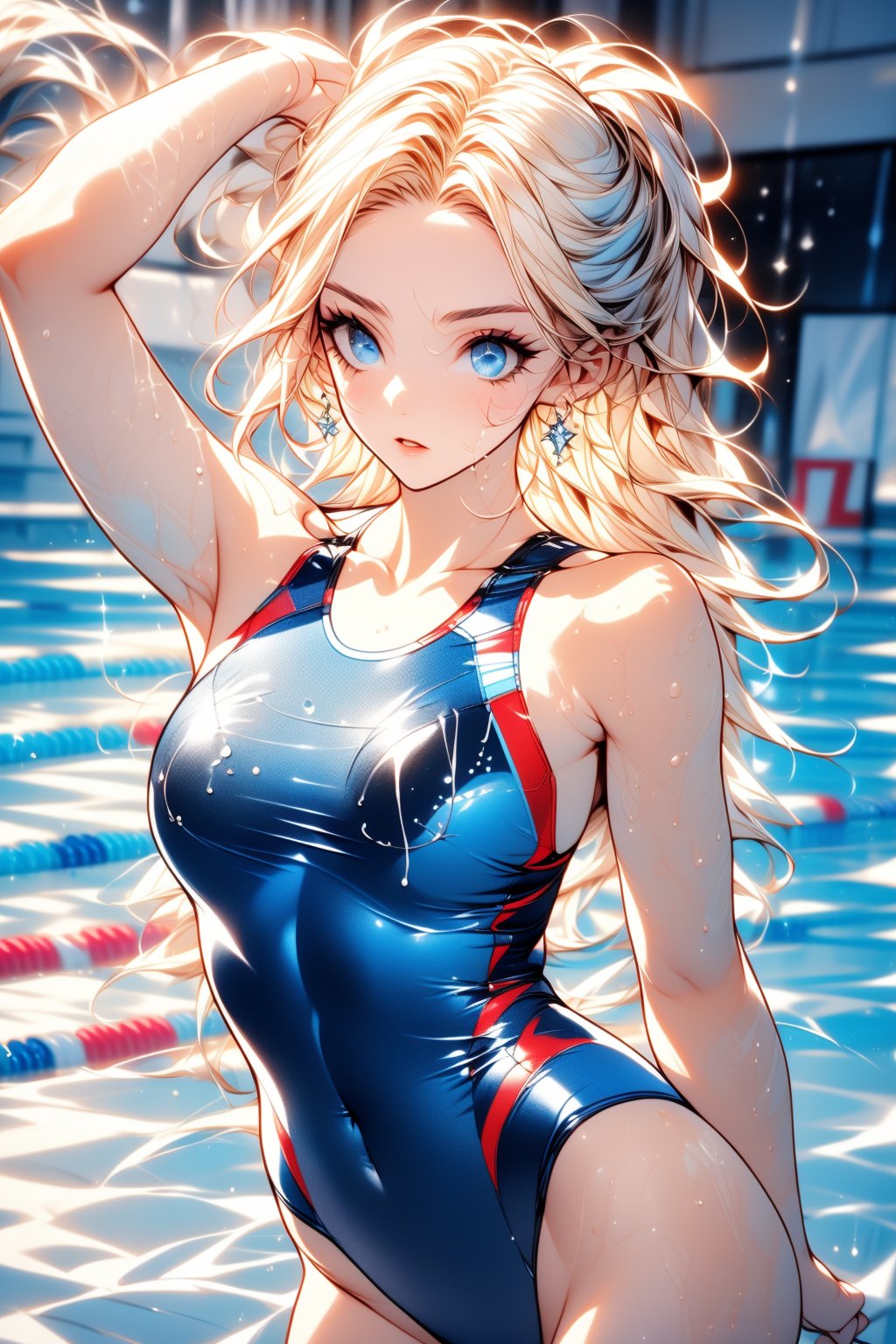 Masterpiece, dynamic swimming poses, best quality, super detailed, perfect anatomy, high detail, detailed background, beautiful face (big bright blue eyes with long eyelashes), girl, athletic body proportions 1:8, Very pretty face, super detailed face, oval face, determined expression, long silky blond wavy hair tied up and shiny, wet hair slicked back, blond hair, super detailed eyes, tarem, blue eyes, simple eyelids, beautiful eyebrows, (eyelashes: 0.4), parted lips, focused gaze, (((Olympic swimming pool))), lane lines visible, starting line background, intense action shot, mid-swim pose, arms Reach forward, competitive swimsuit, fashionable one-piece swimsuit, goggles on face, bright indoor lighting, water droplets on skin, dynamic angle, three-quarter view, perfect anatomy, 5 fingers, beautiful_female_fingers, streamlined hand position , motion blur, action lines, water splash, tanned skin, muscular shoulders and arms, score_9, score_8_up, score_7_up,