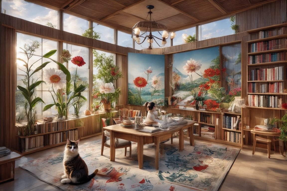 (simple background), a masterpiece of ultra-high quality, the bedroom features floor-to-ceiling crystal glass windows overlooking a garden with a variety of noble flower species, bathed in warm beige tones. The shelves in the room are filled with various and valuable ancient books, high-end painting supplies and canvases. The canvases have been painted. My boyfriend (he is a super beauty star in Korea) looked at the paintings and felt very good. While a noble cat sits at the table, surrounded by books and sketches, adding to the cozy atmosphere. In the background, you can see that all the decorations are very luxurious and the space is too large. There is a sports room and a painting room. There are five bedrooms and two bathrooms. All furniture prices start at one million RMB.
The exotic garden outside adds depth to the scene. The film's most outstanding cinematography. It is a masterpiece. light and shadow.