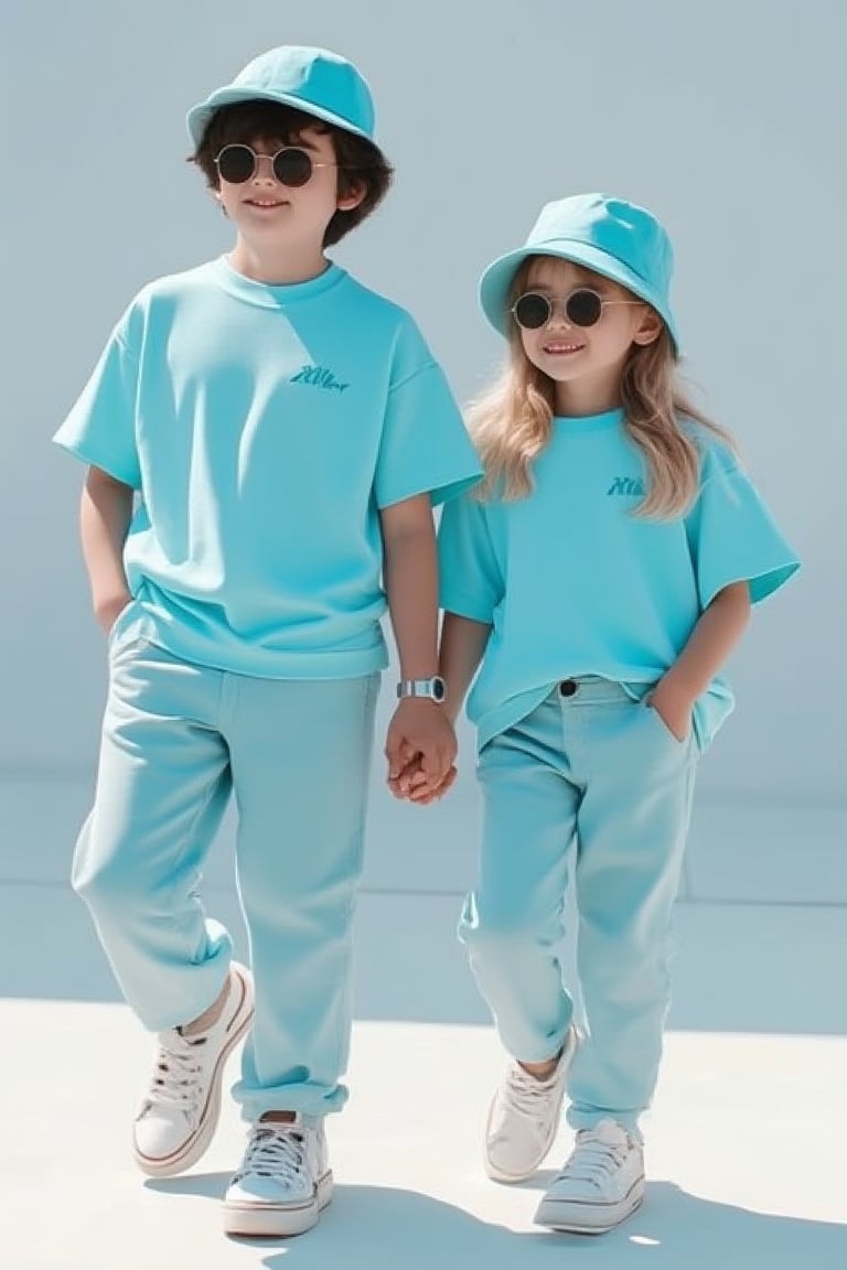 A handsome dark-haired boy and a beautiful blonde girl, both wearing sky blue matching T-shirt suits, hats, and sneakers on a sunny day. Both of them wear sunglasses and laugh as they walk. Simple background, jewelry, watch, and obvious height difference. Soft natural light and medium shots capture their happy expressions and leisurely moments.