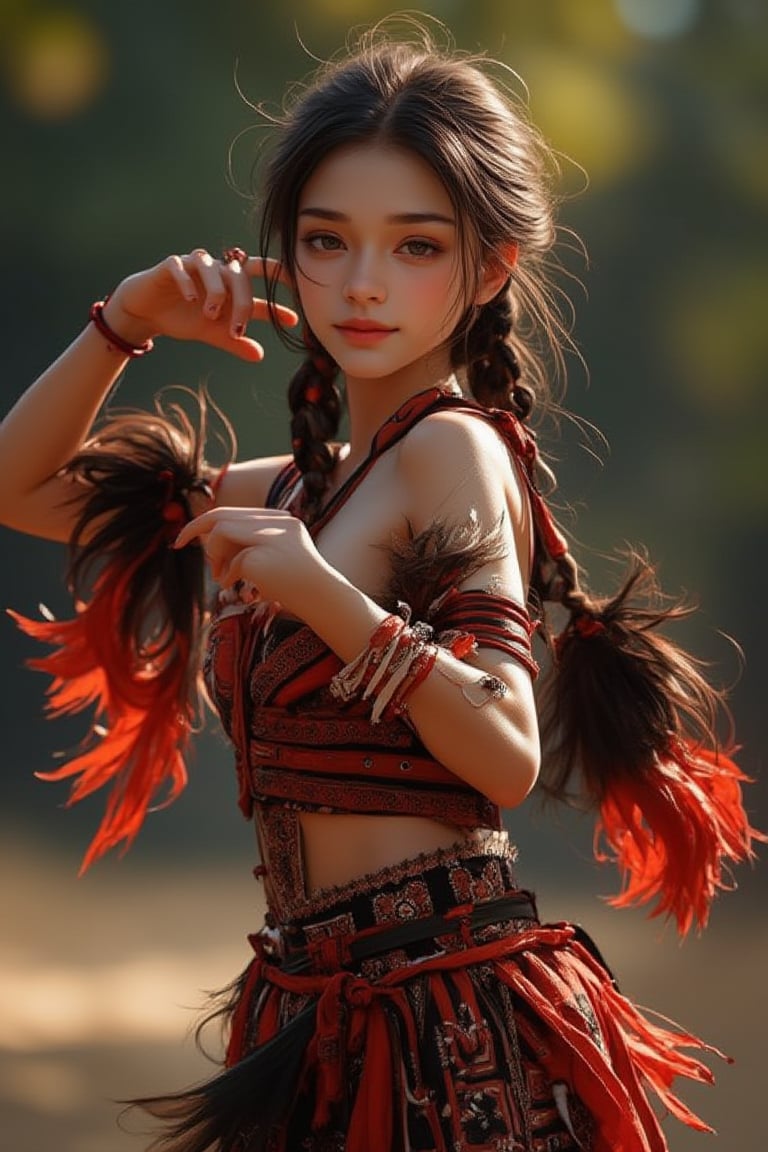 Best Quality, 128K, High Resolution, Masterpiece: 1.2, Ultra Detailed, Real: 1.37, Aboriginal Girl, Red and Black Harness, Extremely White Skin, Long Braids of Feathers, High Heels, Accessories on Arms, Beautiful Detailed Eyes, Beautiful Detailed Lips, National Costume, Traditional Patterns, Graceful Dancing Traditional Dance, Graceful and Charming Gesture, Subtle Smile, Bright Colors, Bokeh Lighting, Portrait.