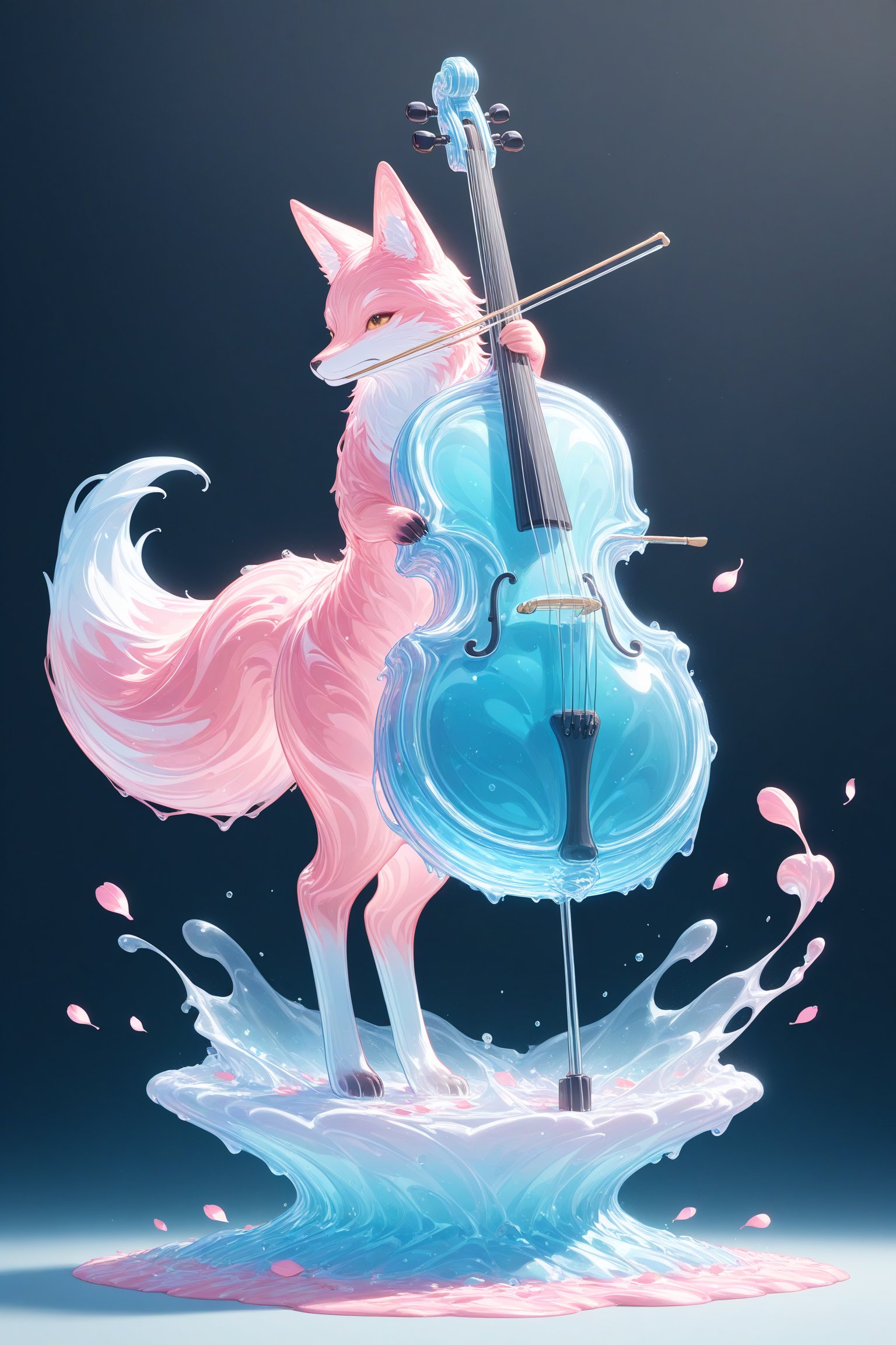 {Elegant crystal glass cello with beautiful curves filled with marbled pink and white liquid forming the shape of a fox. Foxes have fur and texture. Smooth animal silhouettes with wavy dynamic movement. Pastel petals float around the vase. }