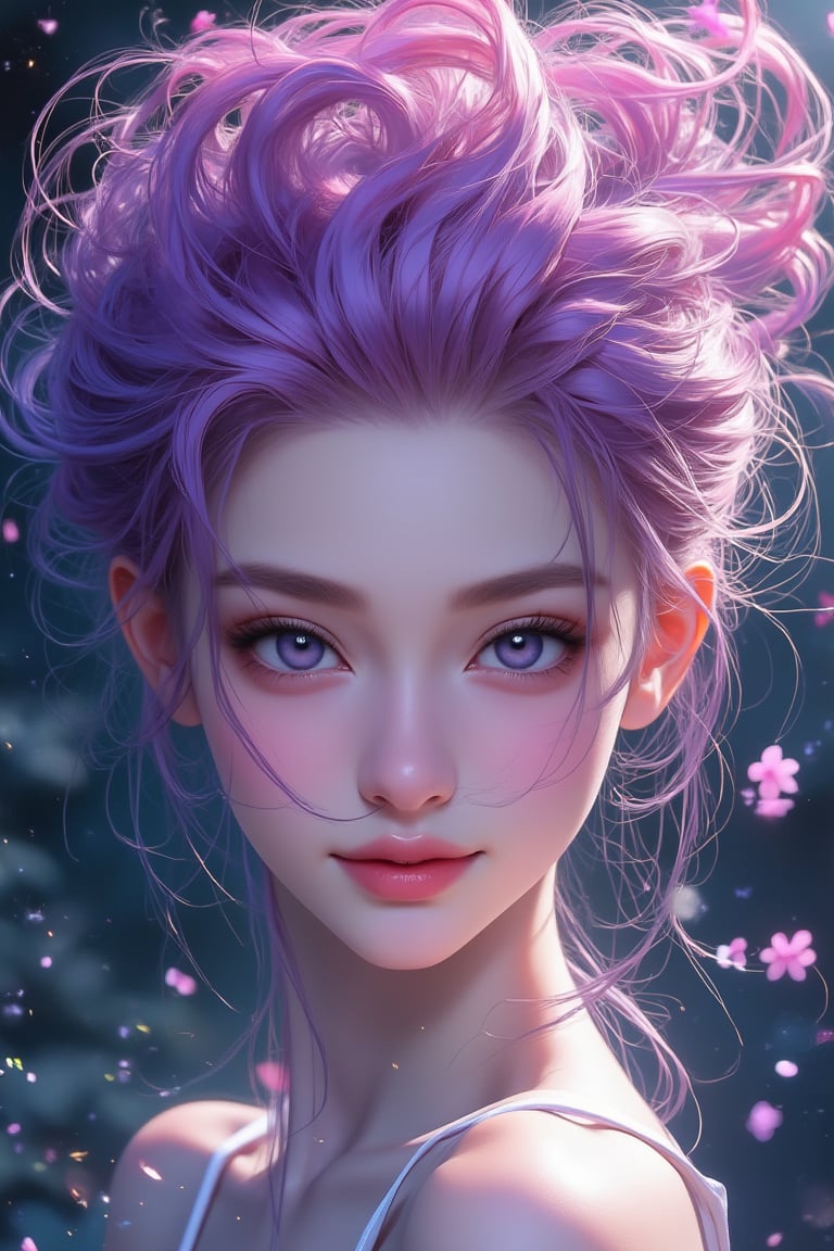 (Best Quality), (Realistic, Photorealistic: 1.2), (Masterpiece: 1.2), Anime Style, CG, Unity, 128K, Stunning, Fine Detail, Super Detailed, High Resolution, Surreal, ((Ultra Detailed)), ((highly detailed CG illustrations)), ((extremely delicate and beautiful)), (cute and beautiful delicate face, eyes, nose, and hands), movie lighting, movie composition, best shadows. A mesmerizing portrait of a vibrant rainbow-colored hair girl with piercing eyes, radiating confidence as she looks directly at the viewer from a swirl of inky stars. Warm smile. The air is filled with kinetic energy, passion itself has materialized, pouring out like a rain of ink. In the background, countless beautiful purple, pink, and light green flowers, suspended with delicate ink bubbles, lend an air of whimsy and showcase the artist's extraordinary skill and attention to detail.