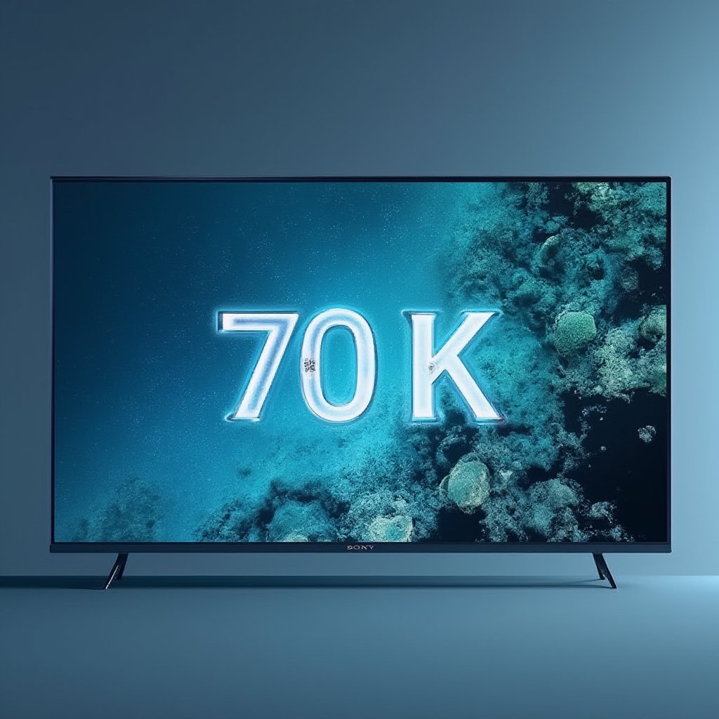 Digital art uses a flat head-up perspective. The text "70K" is displayed on the Sony 120-inch plasma TV screen, and the background is a beautiful deep sea scene. This best photograph captures the essence of modern technology and natural beauty, creating a masterpiece of visually stunning harmony.