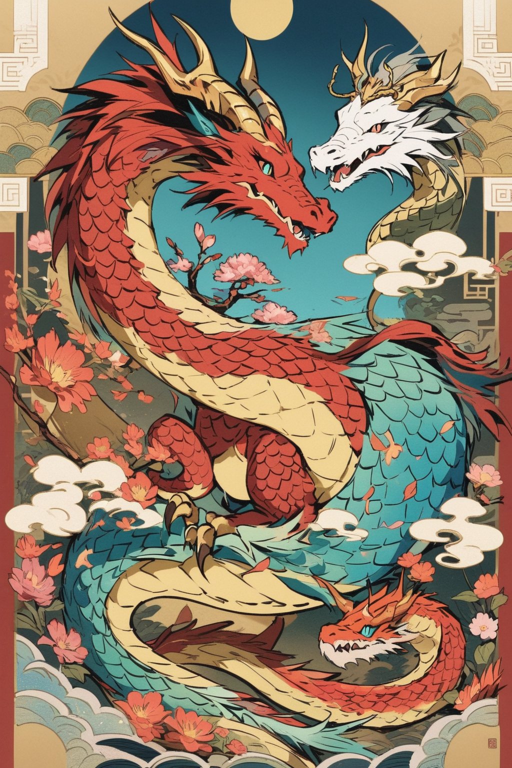 There are 5 Chinese dragons surrounded by flowers. Among these 5 dragons, one is a golden dragon, one is a bank dragon, one is a copper dragon, one is a cyan dragon, and one is a red dragon. The dragon body is like a snake. Long and curly body, beautiful image, dragon skin has scales, beautiful dragon color, dragon has horns, (elegant), traditional Chinese image aesthetics, mythical creature