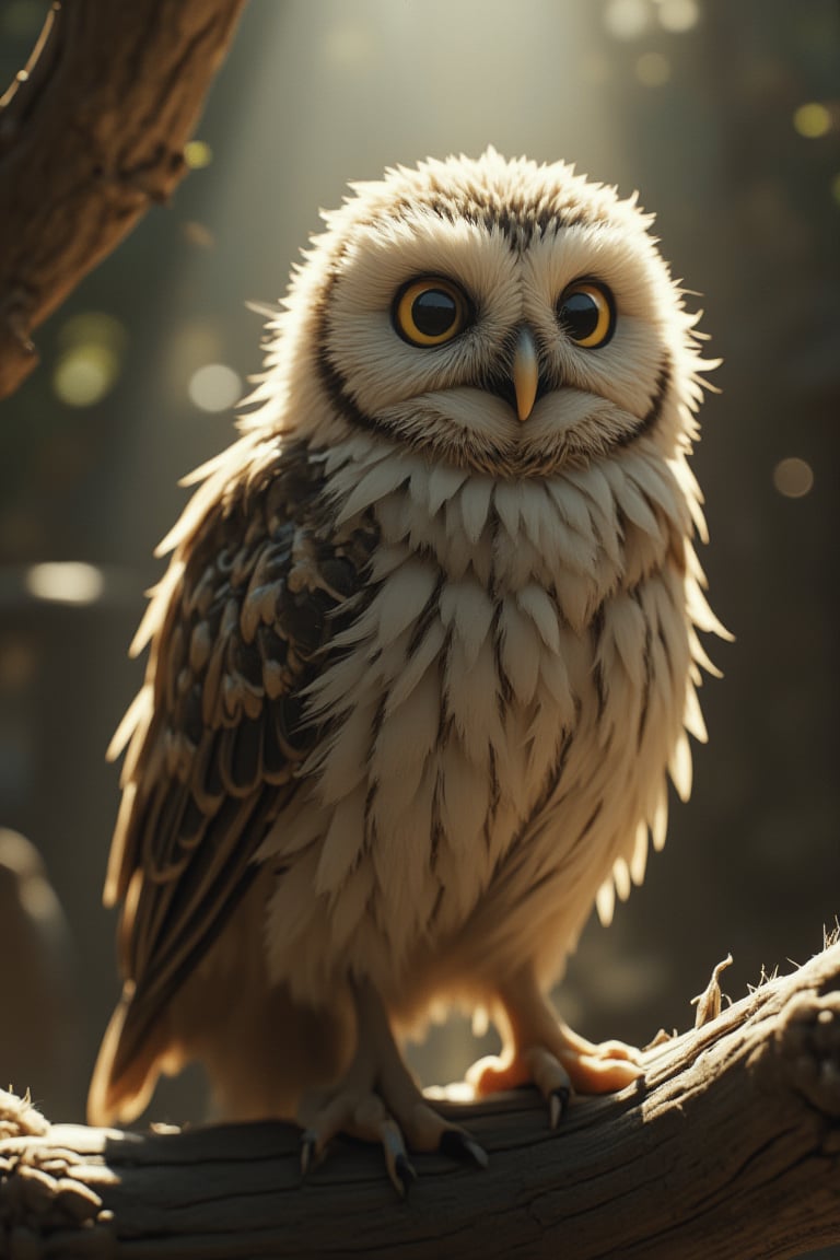 A photorealistic, cinematic style, high-fidelity image of a small zhibi owl, showcasing the Midjourney style. The owl's features are detailed with realism, using chiaroscuro to create a play of shadow and light, accentuated by rays of light. The humorous aspect of the scene adds a playful touch to the otherwise realistic depiction of the owl.