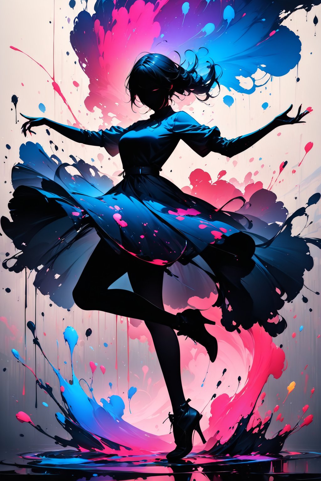 Silhouette of girl, ink strokes in background, looking at viewer, dancing pose, ink rain, stunning image, ink smoke, digital art, professional style, ((Masterpiece Quality: 2)), ink drops and ink droplets Drops also have colorful drop-like extensions for an attractive image.