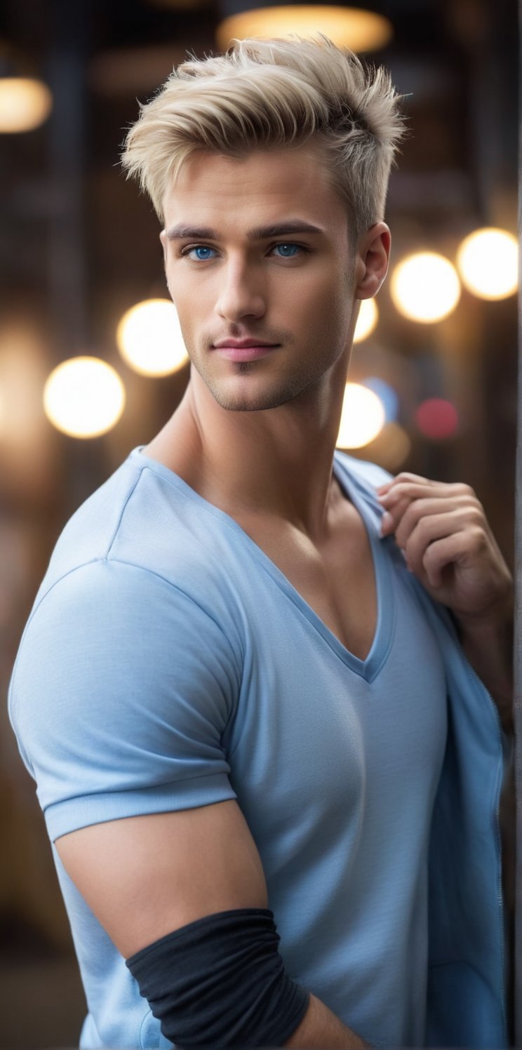 Imagine the following scenario:
A man with beautiful, bright blue eyes and long eyelashes. Full body shot. The short blond hair shines like silk when exposed to the light. A masterpiece; handsome with golden proportions of facial features, the man stood up. Industrial warehouse dark background with photoluminescence and neon lights. The background is blurred. 8K, all details are super detailed, super detailed,
Wear designer sweatshirts, athletic shorts, and sneakers. Neon clothing. Extremely perfect
This man is from Europe. 26 years old, fair skin, fashionable hair, hanging on the forehead, bangs, short hair, full pink lips, blush, head to body ratio: 1;9, Cannie, half of her body has abdominal muscles, very strong , dressed fashionably,
His expression is happy, he smiles, his posture is full of energy. His intuitive lens also allows viewers to strongly feel the joy. All over the body, hands twirling hair.
Perfect hand (detailed face, detailed skin texture), (realism), masterpiece: super high quality lighting for 1.2 movies, best quality, beautiful lighting, realistic and natural images, intricate details, everything In focus, perfect focus, photography, masterpiece, nuance, 8K, super sharp, premium detail. Superior, realistic, complex, perfect proportions, perfect hands, perfect feet. (Extremely detailed skin texture and pores)
Light and shadow, oil paintings and realistic designs. God’s perfect work.