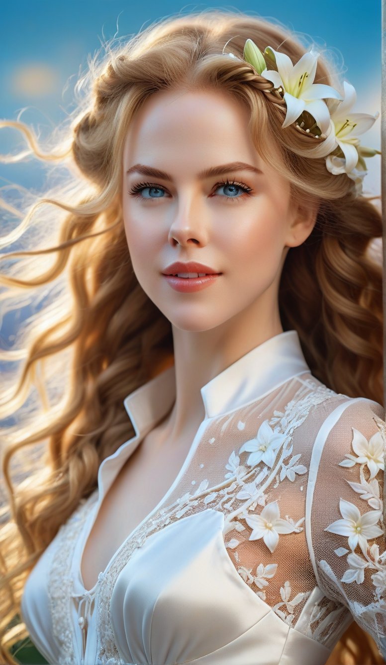 Close-up, young girl with light blue eyes, long thick eyelashes, she looks like 18-year-old Nicole Kidman, with messy hair, full body shot, wearing satin pants, standing, wearing beautiful white Dressed in mesh and lace, she danced to the music and looked very happy. There are also braids of lilies all over the sky, which are extremely beautiful. High quality. Modifiers: Alphonse Mucha, boris valejo dedecent illustration, Anne Boonchuy, art_booster, BlackworkStyleManityro, WOWAI, Expressiveh, Apoloniasxmasbox