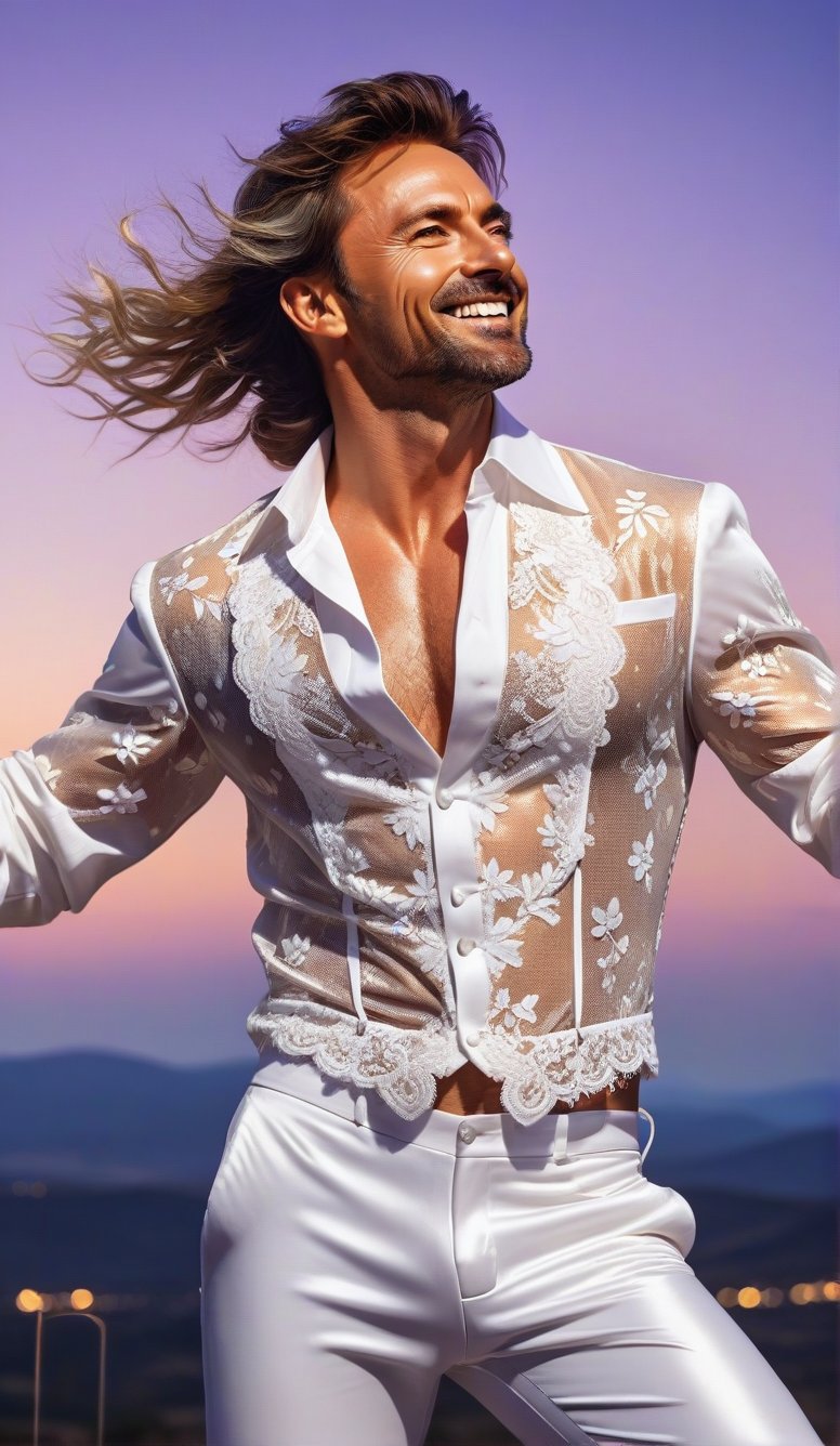 Close-up, young man with long thick eyelashes, she looks like 27-year-old Hugh Jackman with messy hair, full body shot, wearing satin pants, standing, wearing beautiful white mesh lace outfit, Dancing to the music and looking very happy. There are also braids of lavender flowers flying all over the sky, which is very beautiful. High quality. Modifiers: Alphonse Mucha, boris valejo dedecent illustration, Anne Boonchuy, art_booster, BlackworkStyleManityro, WOWAI, Expressiveh, Apoloniasxmasbox