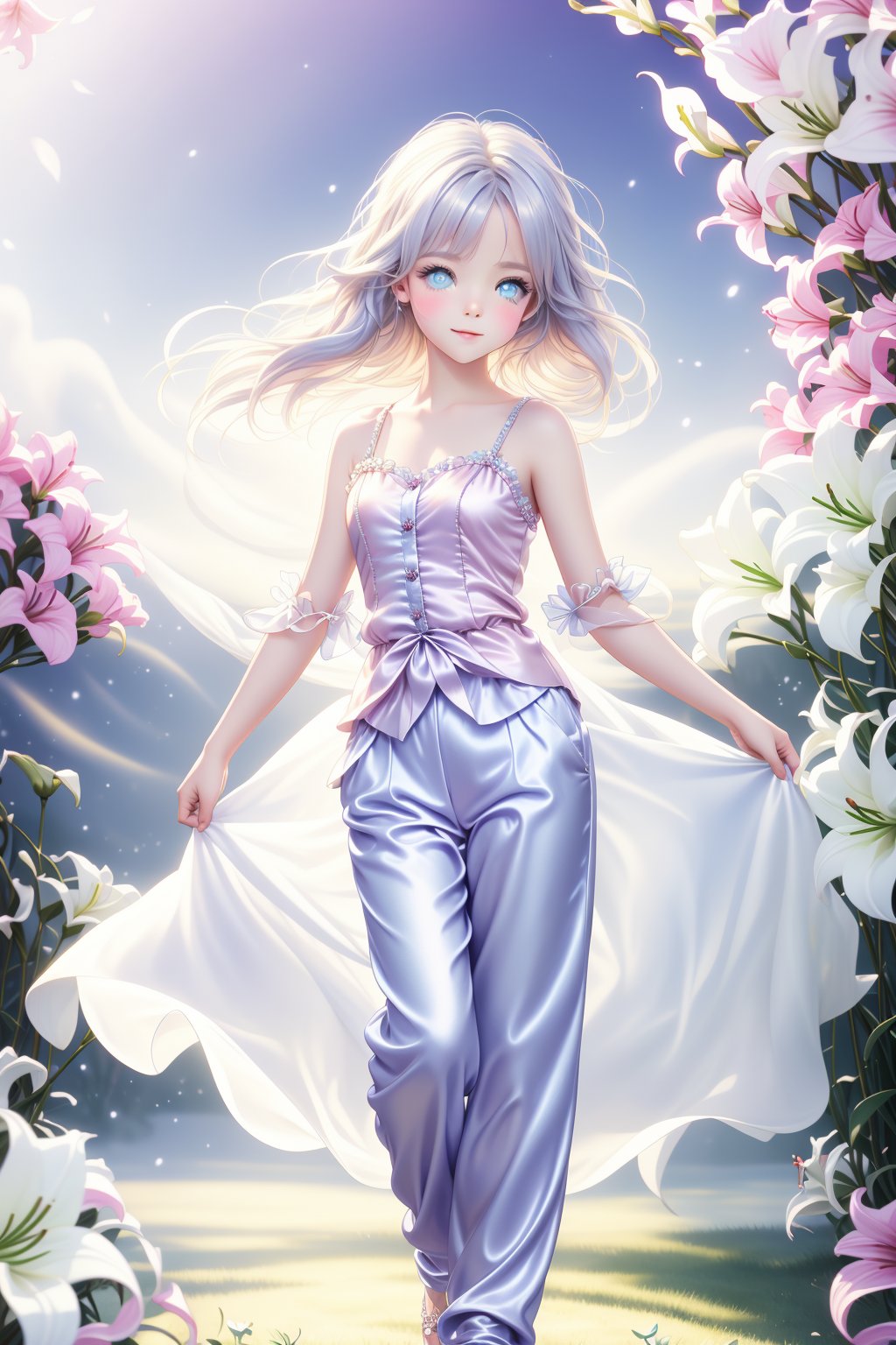 A full-body shot of a young girl with striking light blue eyes and long, thick eyelashes, reminiscent of 18-year-old Nicole Kidman, sporting messy hair. She stands elegantly in satin pants, adorned in a variety of beautiful little dresses and casual wear in popular styles, dancing joyfully to the music. The sky is filled with exquisite braids of lilies, creating a breathtaking backdrop. This high-quality illustration, influenced by the styles of Alphonse Mucha, Boris Valejo, and Anne Boonchuy, captures a dynamic and expressive scene, enhanced by modifiers like art_booster, BlackworkStyleManityro, WOWAI, and Apoloniasxmasbox.