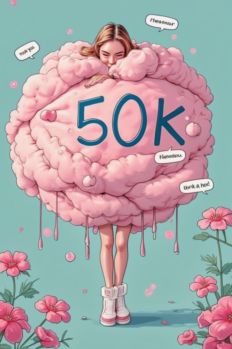 A beautiful woman is comically squished beneath a large pink cotton ball with 50K written in blue. Her arms and legs are stretched out from under the weight, with speech bubbles saying thank you. The scene is set in a whimsical, cartoon-like environment, with exaggerated expressions and playful colors.