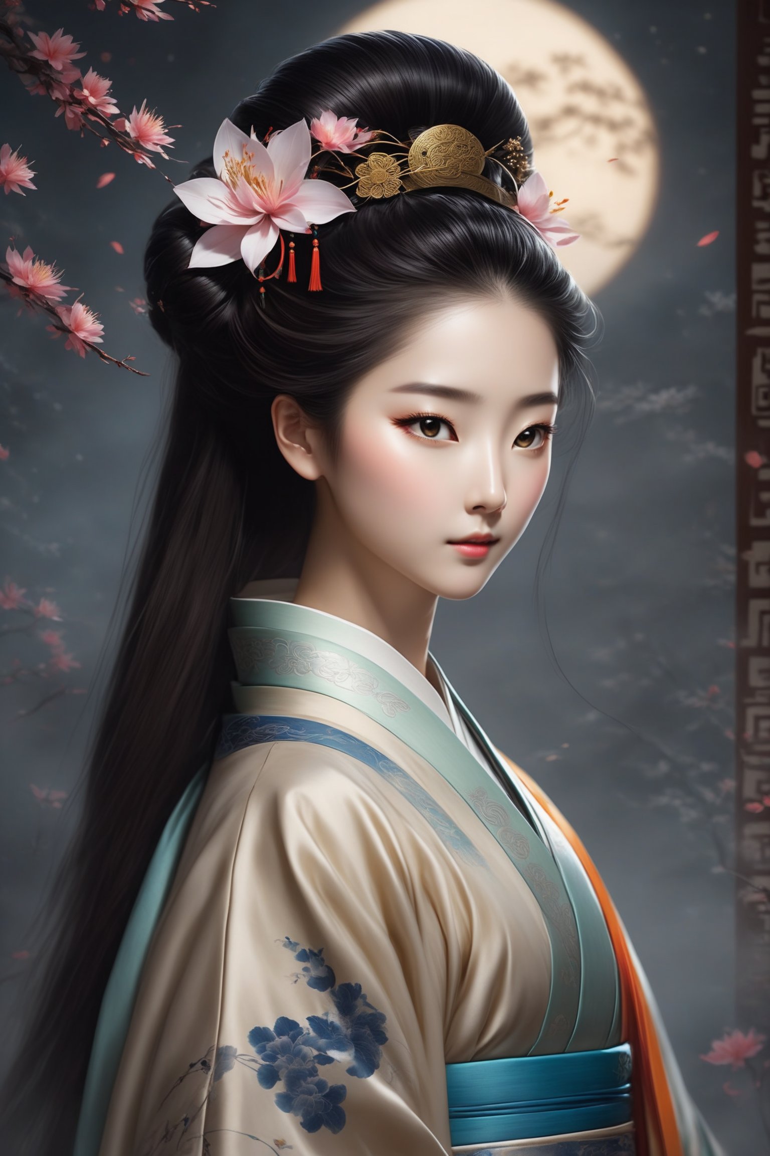 A woman with beautiful three-dimensional facial features, beautiful big black eyes and bright eyelashes, long and dense eyelashes. She wears a Han Dynasty lily bun and exquisite and gorgeous hair accessories. She is very attractive, but because she is a killer, her eyes are She has a very strong murderous intention. In order to hide her identity, she sometimes wears various kinds of Hanfu worn by ancient Chinese women. Her shiny and delicate black hair and clothes flutter in the wind. It is the ultimate masterpiece. , her body proportions are also very good, which was very rare in ancient times. The ratio of head to body is 1:8. Every time she looks at the audience, the audience will be deeply attracted by her. She is very beautiful, but they will also be shocked by her eyes. , her whole body is extremely detailed, she is both beautiful and possesses unique skills. There will always be an exquisite and rare long sword on the belt around her waist (it is refined in ancient times and can break the sword and iron). She is very beautiful when she wears the beautiful ancient gorgeous and exquisite Hanfu.
Background: The vast starry sky, a bright moon, exquisite ancient buildings, ancient trees, and ancient gardens. There are many fireflies in the garden, which makes the garden more beautiful. light and shadow. Exquisitely detailed oil painting designs complement modern film effects and lighting.
在 Google 翻譯中開