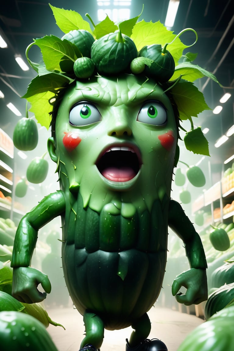 A close-up is captured of the frenzied face of a thousand cucumbers (anthropomorphic, with facial features and arms and legs), its usually soft green skin now flushed with panic as they run madly through the streets in large numbers. Overhead fluorescent lights cast an eerie glow on the produce stands, while store signs and logos blur into a chaotic background. The cucumber's arms waved wildly, and the leaves trembled urgently as they fled the scene. Light and shadow, anime style.,Apoloniasxmasbox