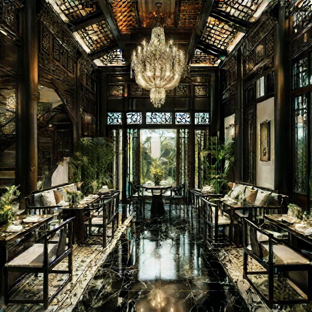 Create a gorgeous Indochina resort image showcasing stunning interior design. The scene captures a large open lobby with high ceilings decorated with intricate wood carvings and traditional silk fabrics. The lighting is luxurious, elegant and has the style of the Han Dynasty, highlighting the luxurious texture and bright colors of the decoration. The composition includes elegant furniture, lush tropical greenery and a majestic chandelier. More tables and seated dining customers increase the resort's popularity and make the atmosphere more harmonious. The overall atmosphere blends modern luxury with traditional Indo-Chinese charm, inviting viewers to experience the resort's charm. Atmosphere.