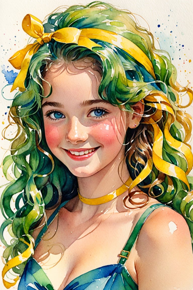 (Author Conrad Rosset), (1949s, 16-year-old girl, cute smile, blue eyes, long curly hair, green hair, yellow ribbon, wink), mixed color watercolor, drawing, (deliberately beautiful),, full body.