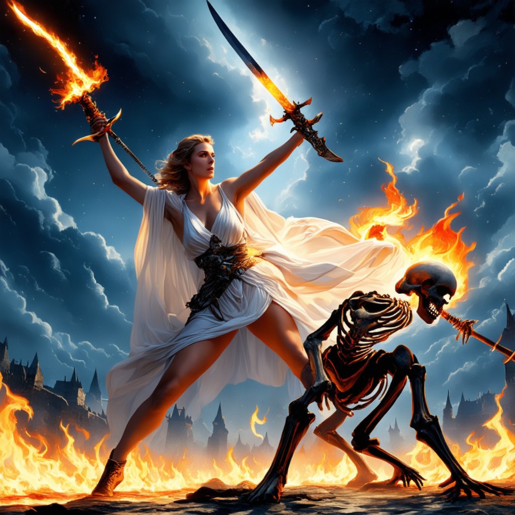 An oil painting in the style of Frank Frazetta, depicting a super sexy woman in a white transparent tunic, embodying the essence of a Vestal. She wields the Sword of Fire and Light, engaging in a fierce battle against a skeleton. The scene is illuminated by the fiery sword, casting a glow over the dark night. The stormy sky and fiery backdrop intensify the dramatic atmosphere, capturing the woman's intense and powerful presence as she confronts her skeletal foe.