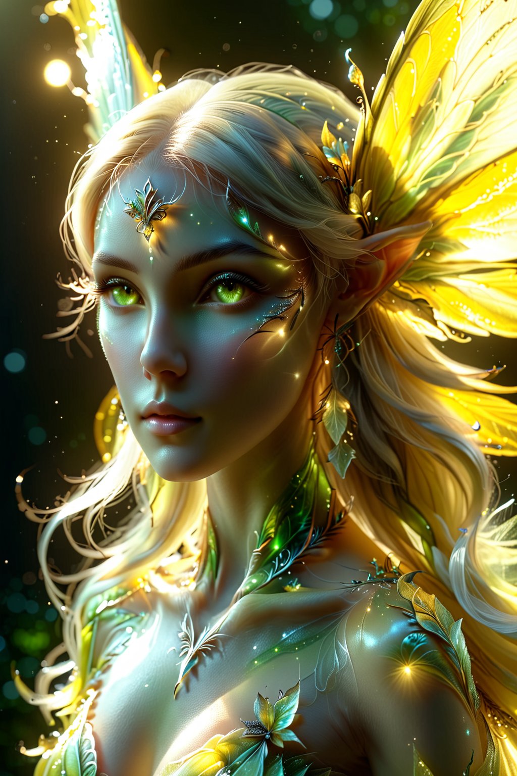 Awesome fairy/alien/elf hybrid, with fairy yellow tones dominating. light and shadow. whole body.
An extremely beautiful masterpiece, 8K