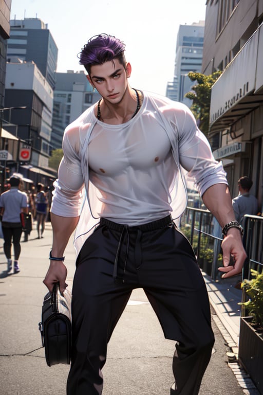 A boy faces the camera head-on, with thick eyebrows, large purple-brown eyes (eyelashes are very long and dense), and healthy wheat-colored skin. (See through) He has chest muscles, his hair color is purple and black (Change) His body proportion is 1:8, his clothes were changed to a white T-shirt and camouflage trousers. He tied a black jacket around his waist and wore basketball shoes. He is 183 cm tall and weighs 75 kg. He danced hip-hop in front of the 101 Building Square. The background is a distant view, the depth of field of the 101 Building in Taipei City (far view).
