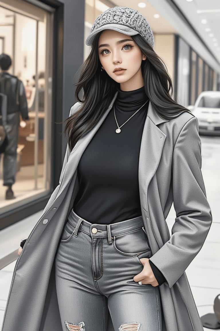 A masterpiece, high-quality, 8K, high-resolution ink and pencil drawing style illustration of a beautiful woman with long black hair and green eyes. She wears a knit cap, gray cashmere coat, black high-neck turtleneck sweater, and fashionable skinny jeans with fading effects. She stands at the entrance of a shopping mall, waiting for someone or something, in a casual, everyday style. The scene is contemporary, elegant, innocent, and naturally composed, influenced by Leonardo style.