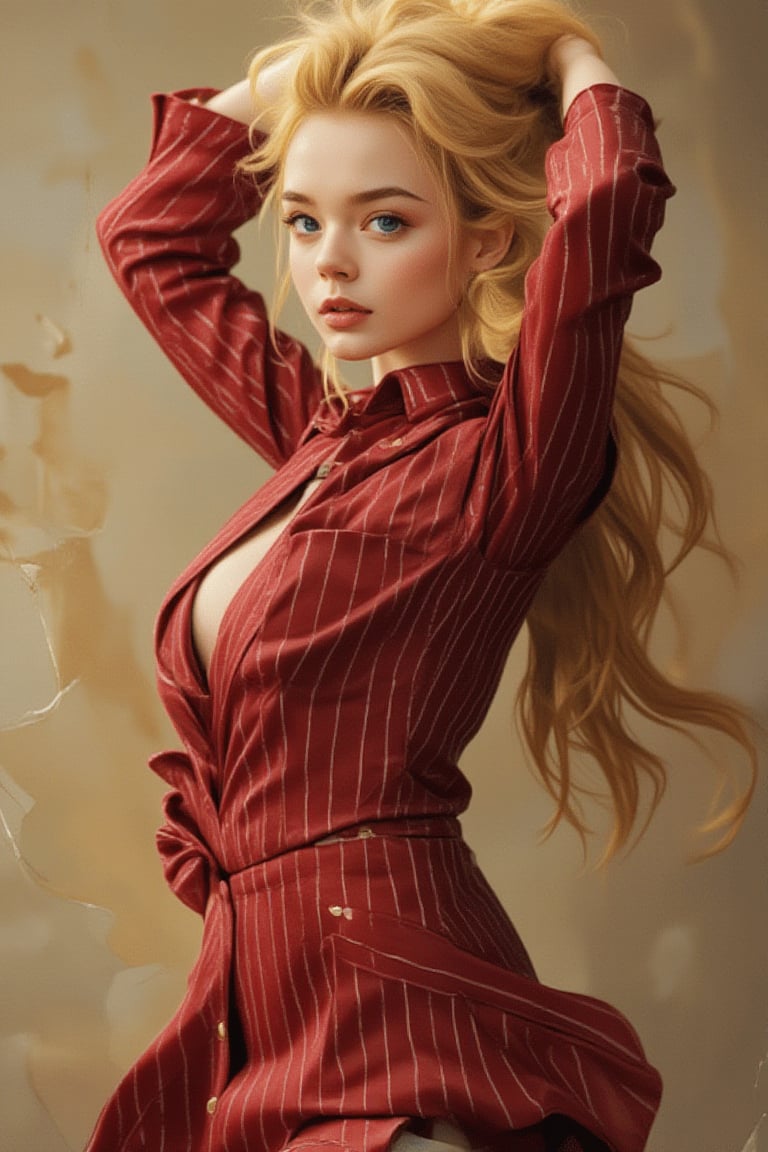 A realistic close-up shot of a stunning, elegant 28-year-old European woman wearing dark red pinstripe tailoring, with long bright golden blonde hair and bright blue-gray eyes. The gorgeous, sexy woman performs the professional pose of a female model with her head raised, captured for a fashion magazine in a double exposure, surrealistic style on cracked paper, influenced by Alex Stoddard, Natalia Drepina, and Brooke Shaden. The highly detailed, high-budget illustration features bokeh, wide cinema, moody, epic, and film grain, with 3-point cinematic glory lighting, soft focus flash, and a Canon EOS R3. The high-resolution, award-winning action photo showcases a jump photo, 50mm, wide-angle shot, away from the camera, full body, f2.8, and side view.